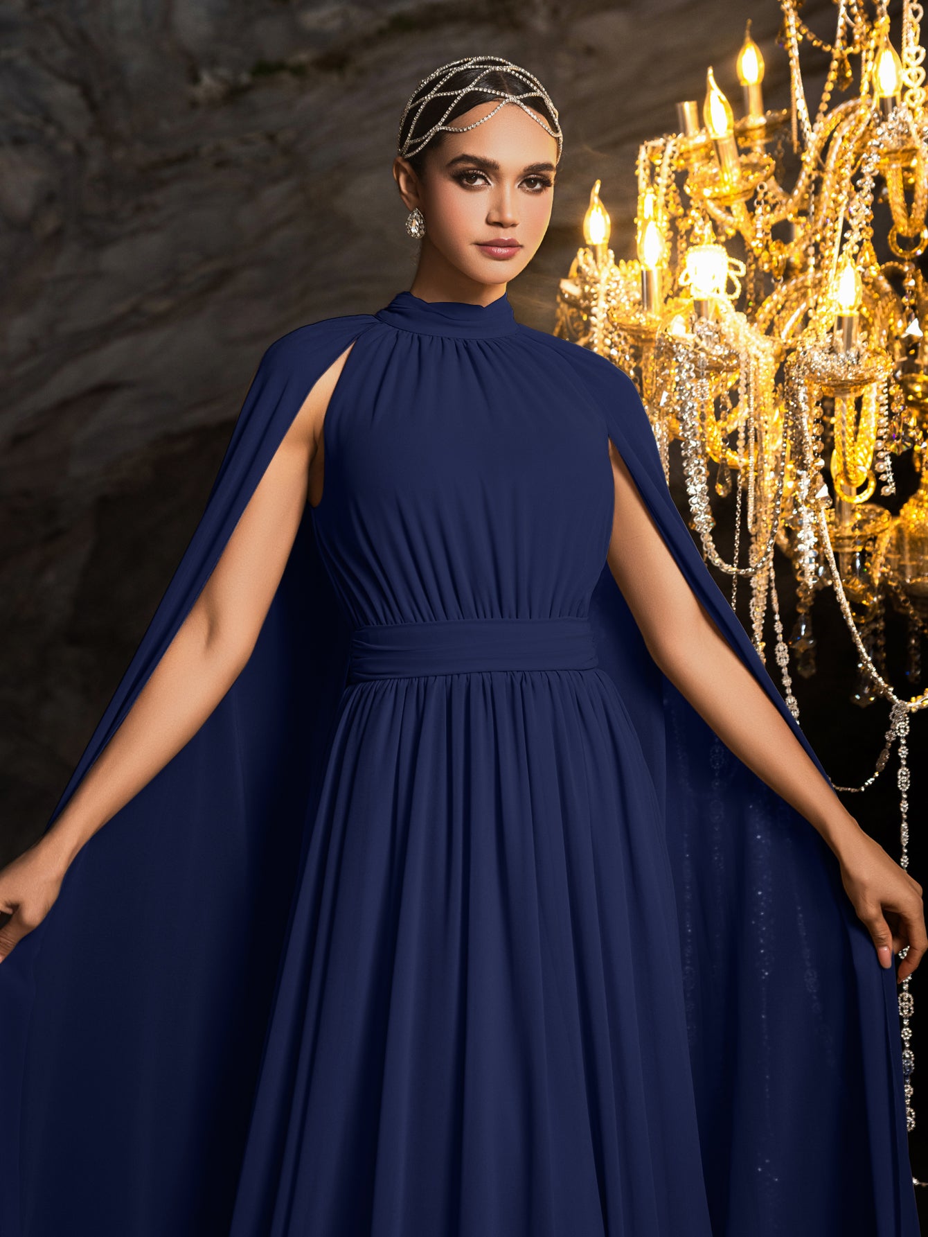 Elegant Mock Neck Cloak Sleeve Chiffon Formal Dress