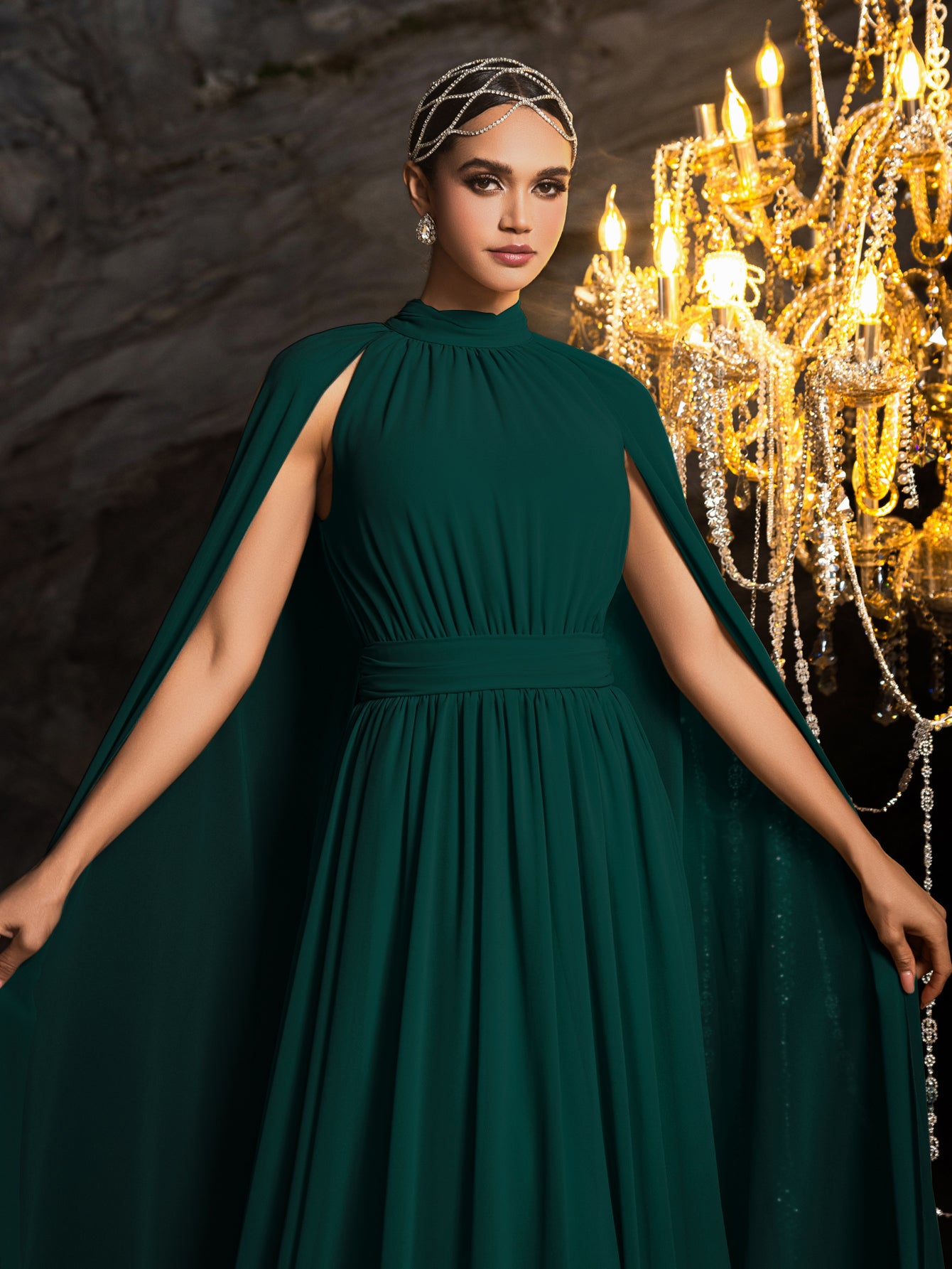 Elegant Mock Neck Cloak Sleeve Chiffon Formal Dress