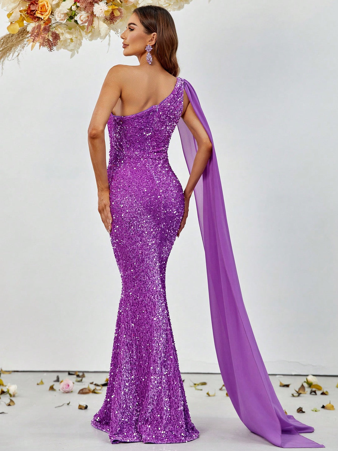 Elegant Sequin One Shoulder Sash Prom Dresses