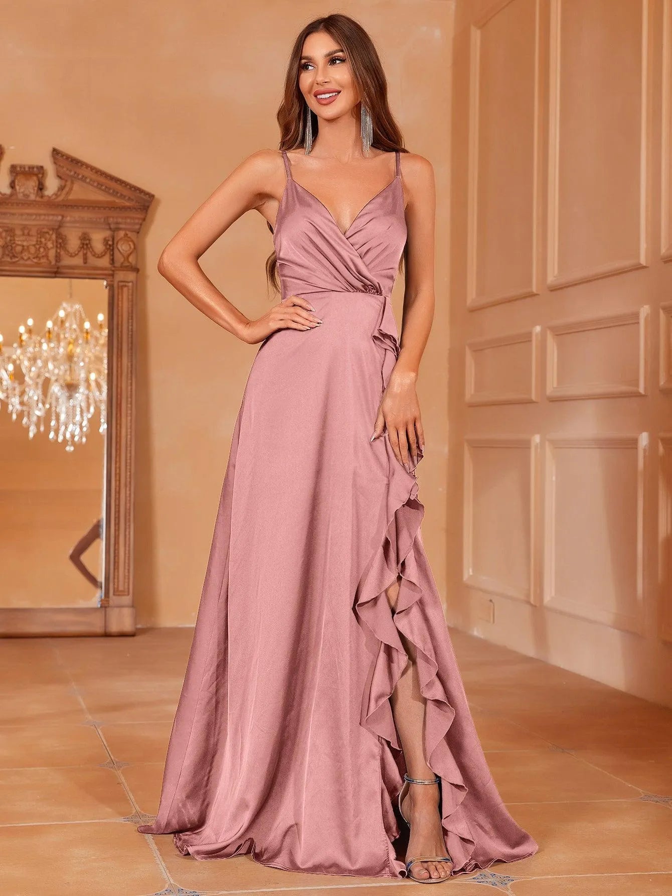 Solid Ruffle Trim Solid Ruffle Trim Split Satin Cami Dress – Faeriesty