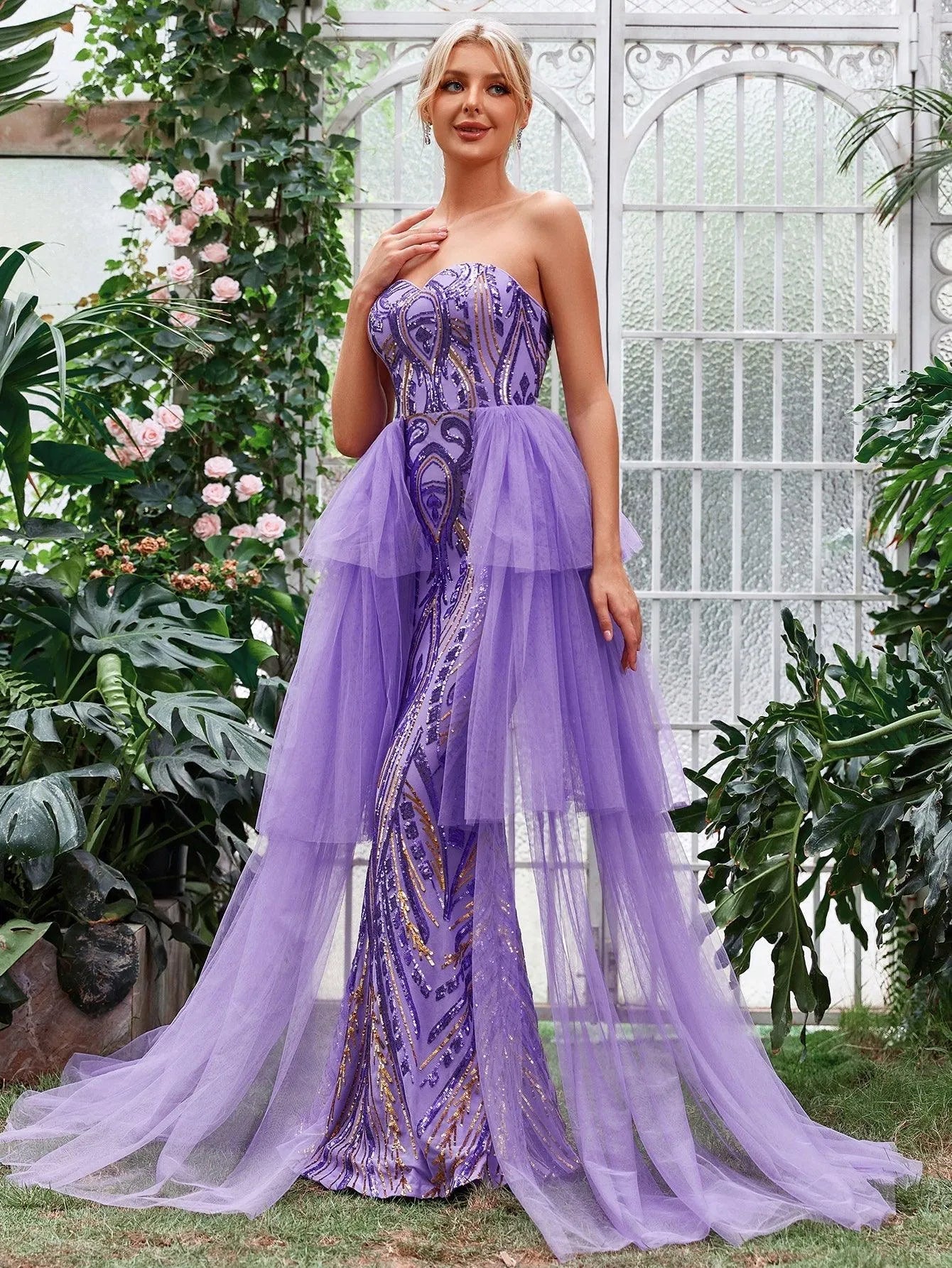 Mesh Overlay Sequin Mermaid Tube Dress Purple / M Mesh Overlay Sequin Mermaid Tube Dress Purple / M