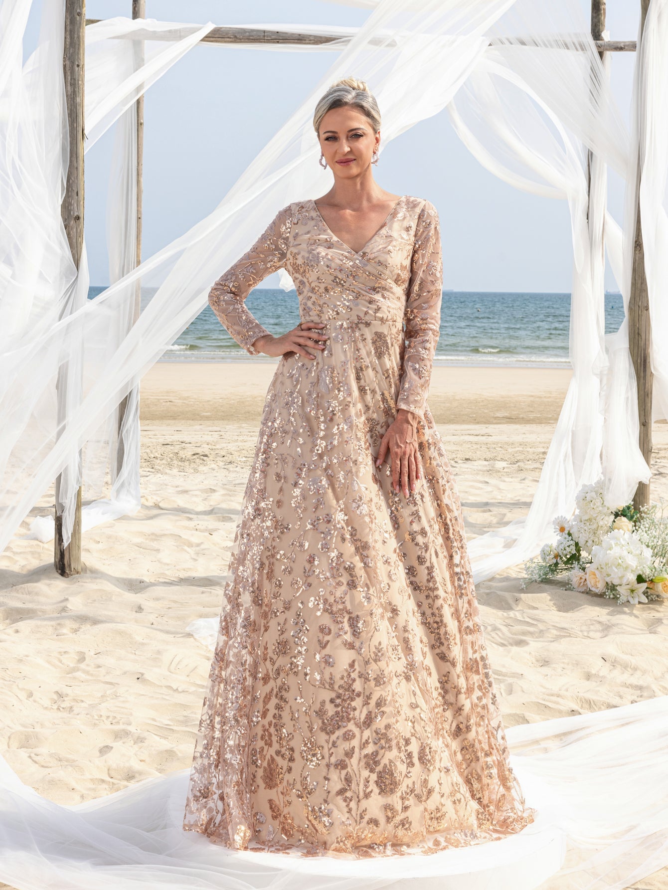 Womens' Elegant V-Neck Evening Gown with Delicate Lace & Silver Embroidery – Long Flowing Skirt for Seaside Weddings & Romantic Beach Events