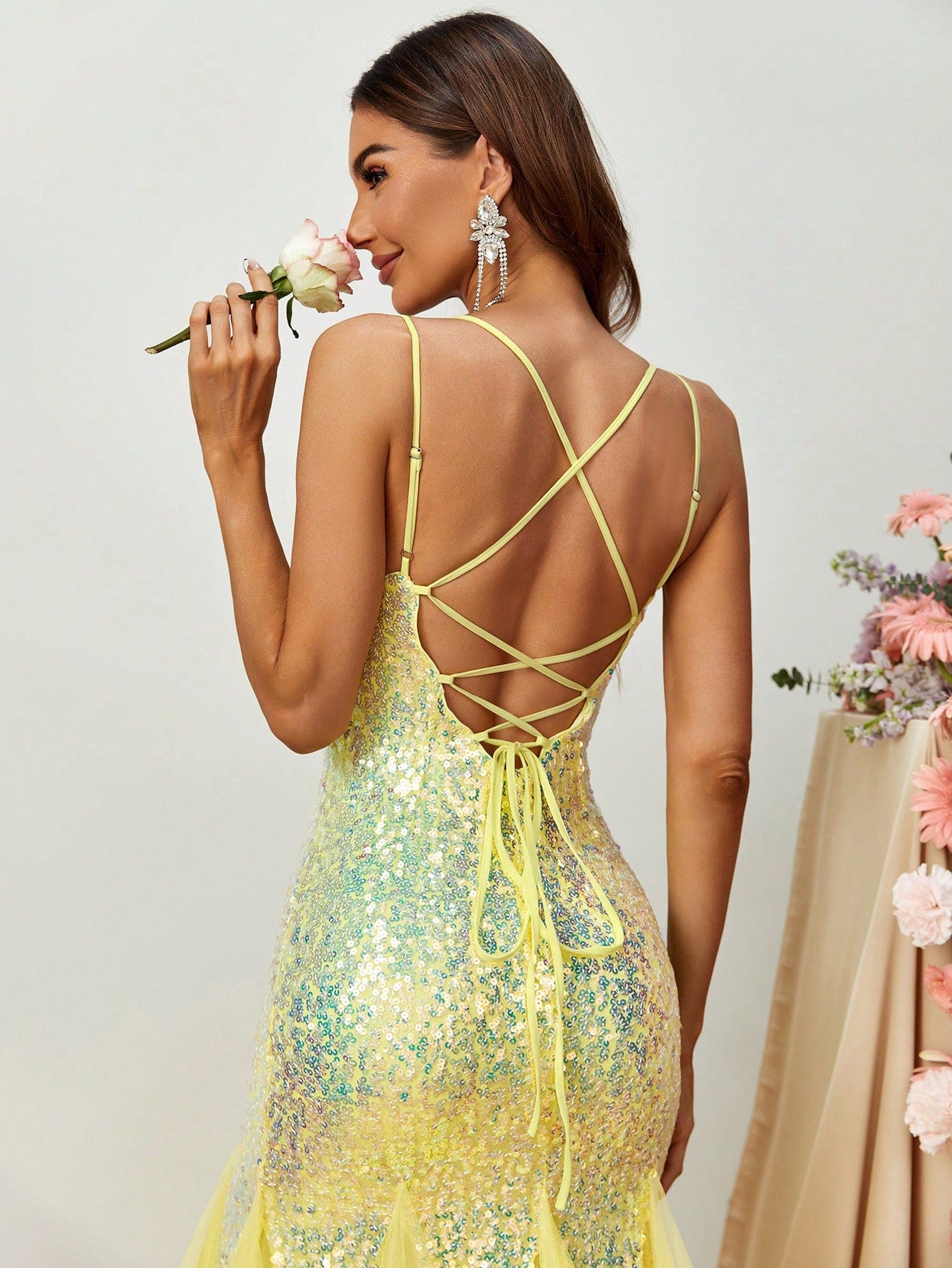 Plunging Neck Lace Up Mesh Insert Sequin Cami Mermaid Dress
