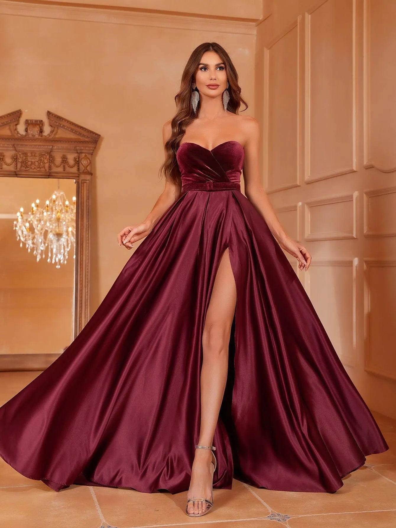 Velvet Bodice Contrast Satin Hem Tube Prom Dress Burgundy / S