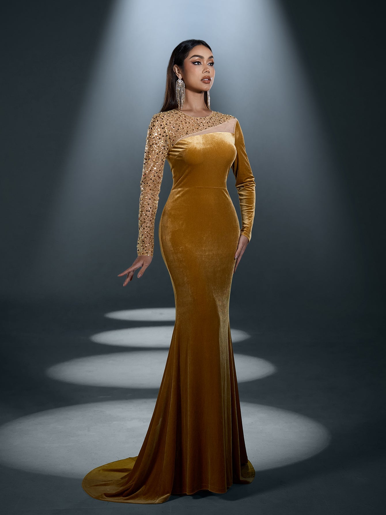 Elegant Asymmetrical Neck Contrast Sequin Mermaid Hem Velvet Evening Dress
