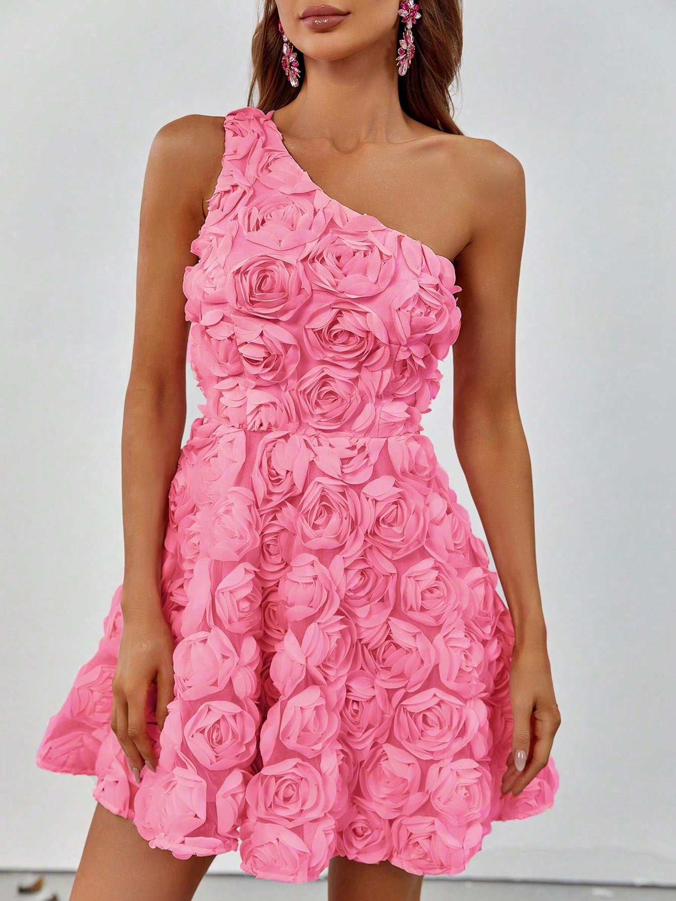 One Shoulder Sleeveless 3D Flower Party Mini Dresses