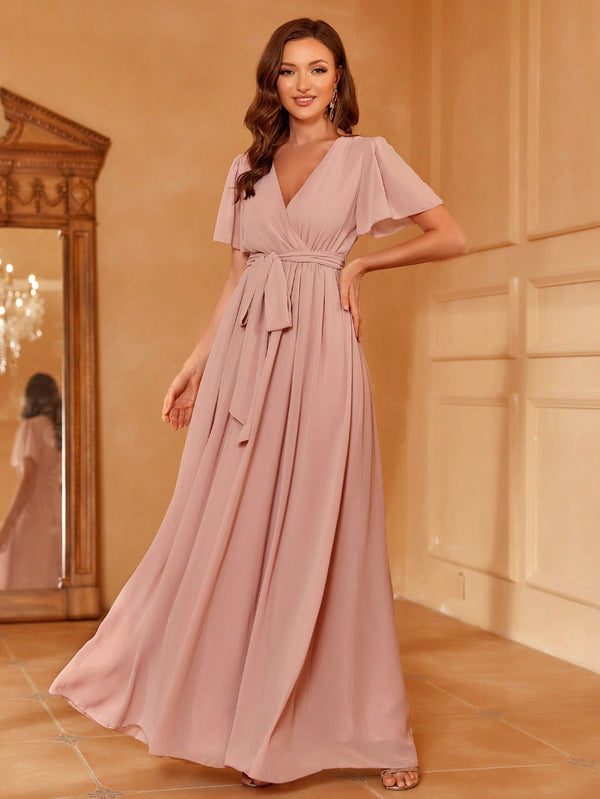 Plunging Neck Butterfly Sleeve Belted Dress