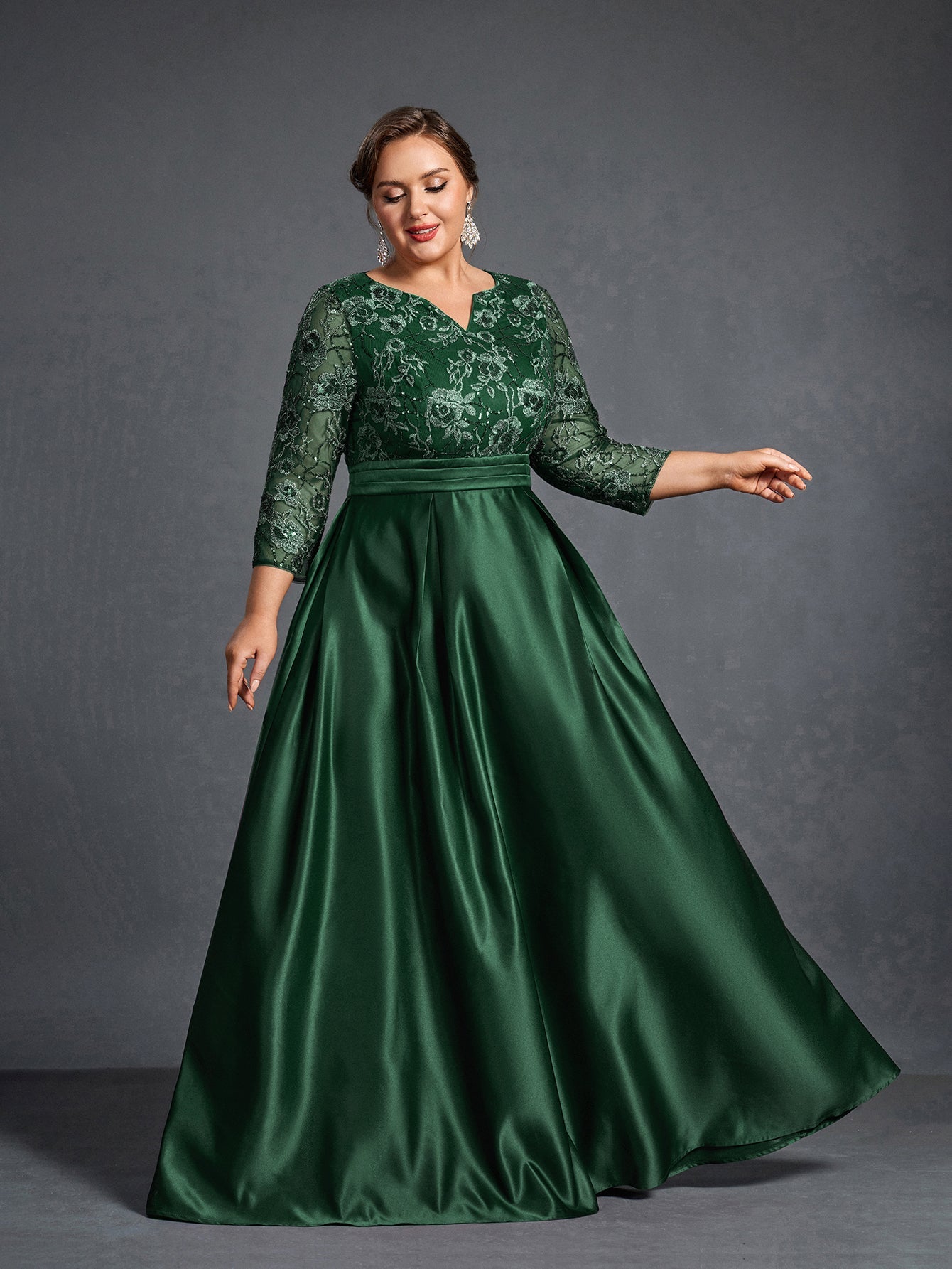 Plus Womens' Evening Gown: Allover Sequin-Embroidered Bodice & Satin A-Line Skirt – Elegant Formal Dress for Black-Tie Events