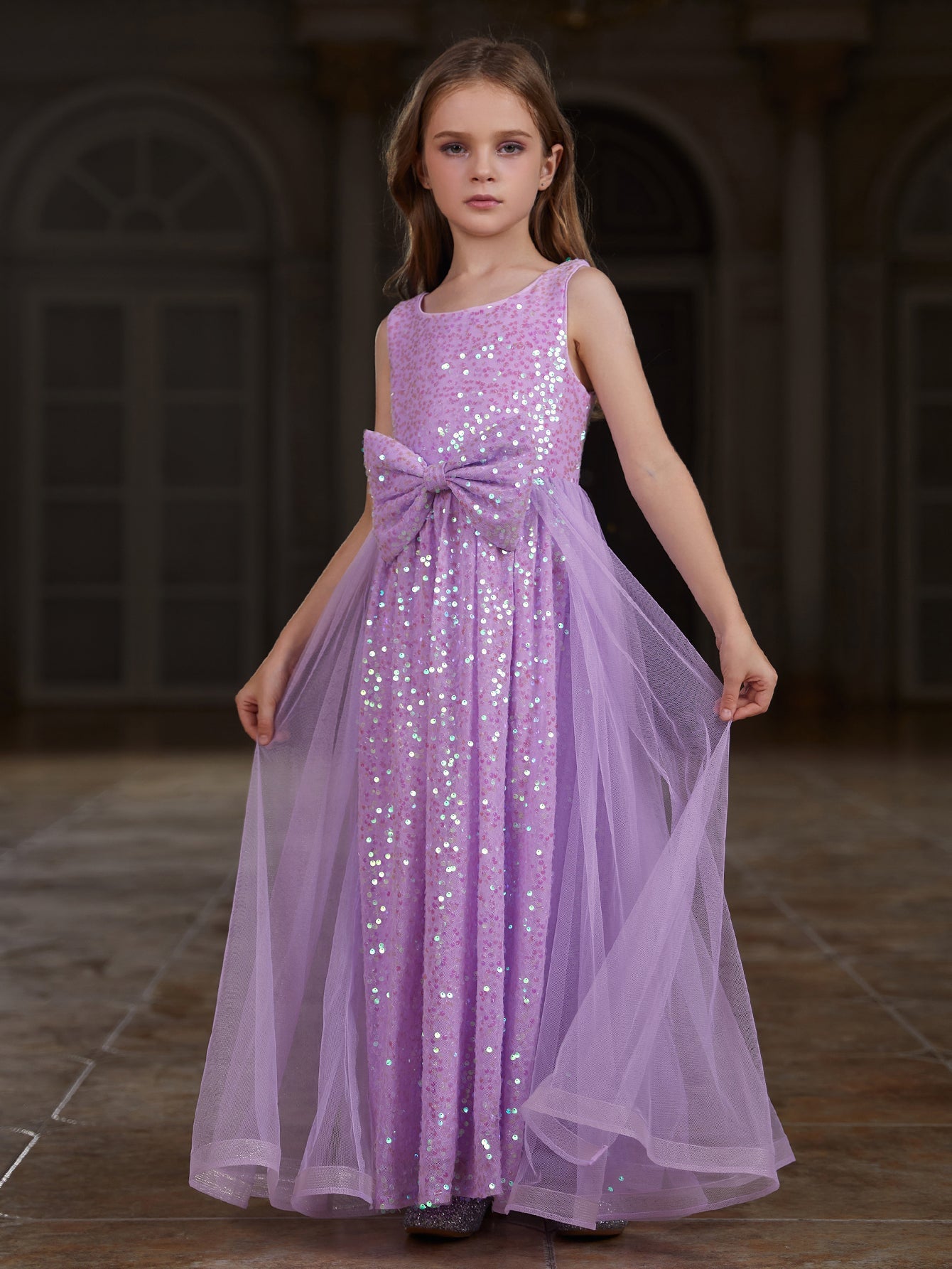 sequin dress girls Tween Girls' Round Neck Sleeveless Mesh Overlay Sequin Dress Blue / 12Y