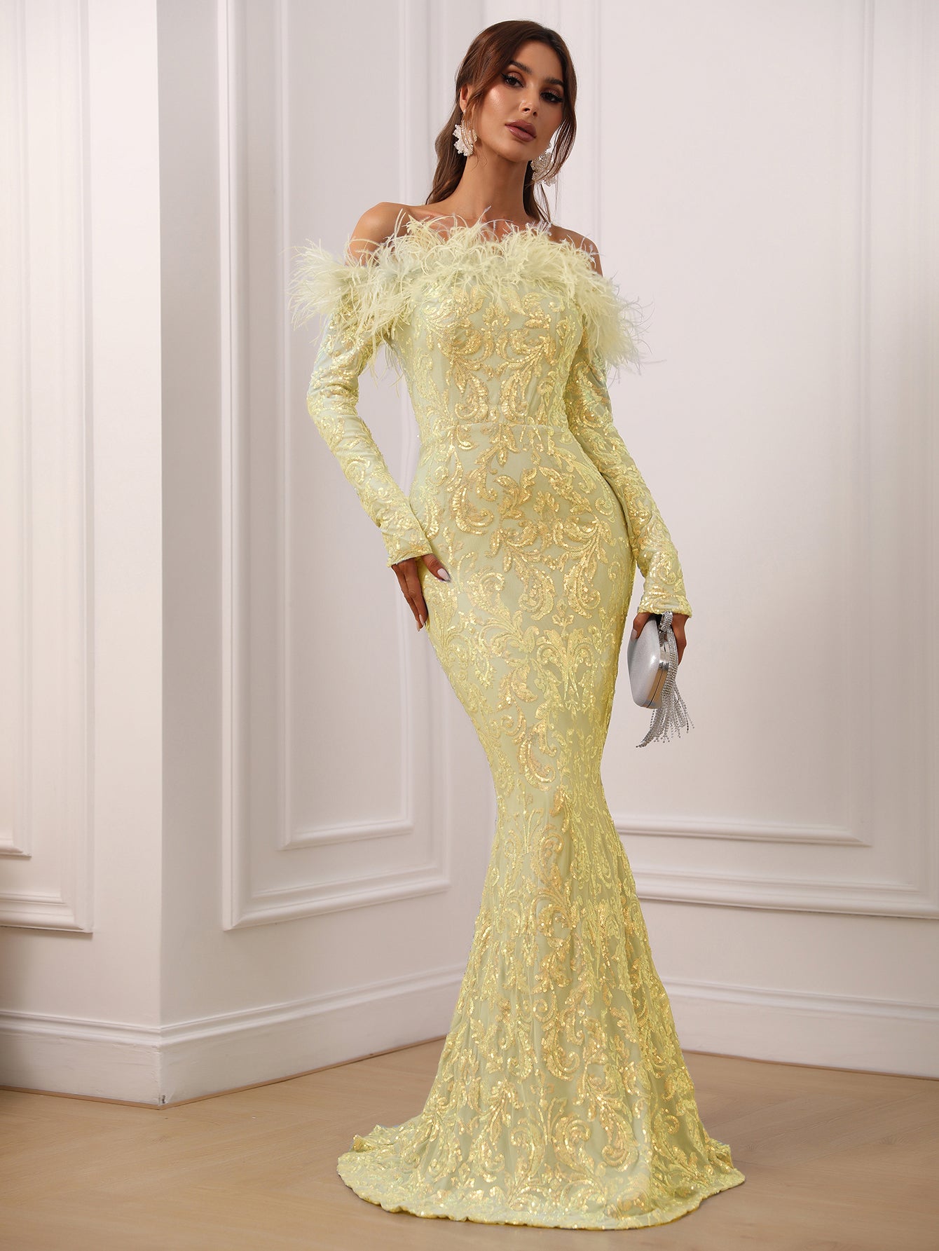 Evening Gown Long Sleeve Prom Dress With Feathers