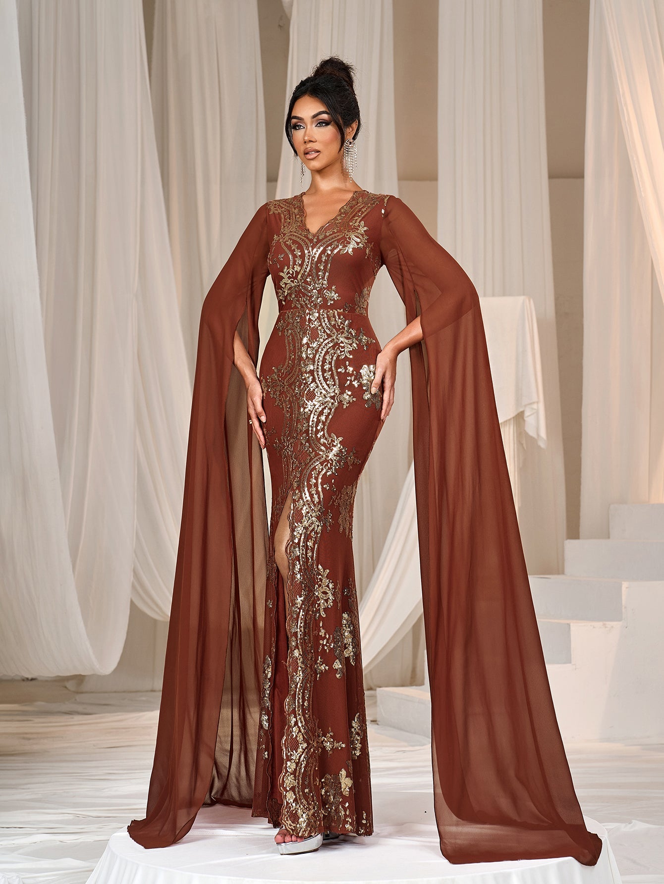 Gorgeous Sequin Embroidery Evening Gown - V-Neck Mermaid Dress with Cape Sleeves & High Slit