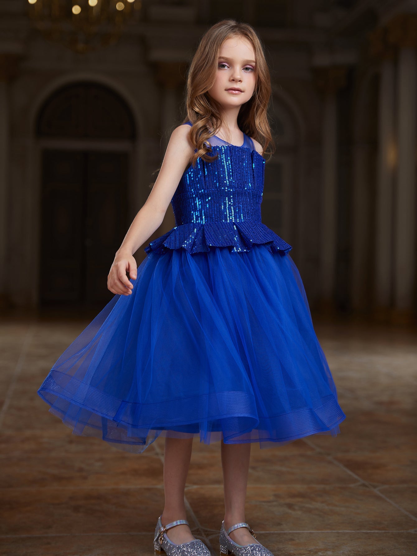 Girl's Contrast Pleated Sequin Mesh Hem Party Dress