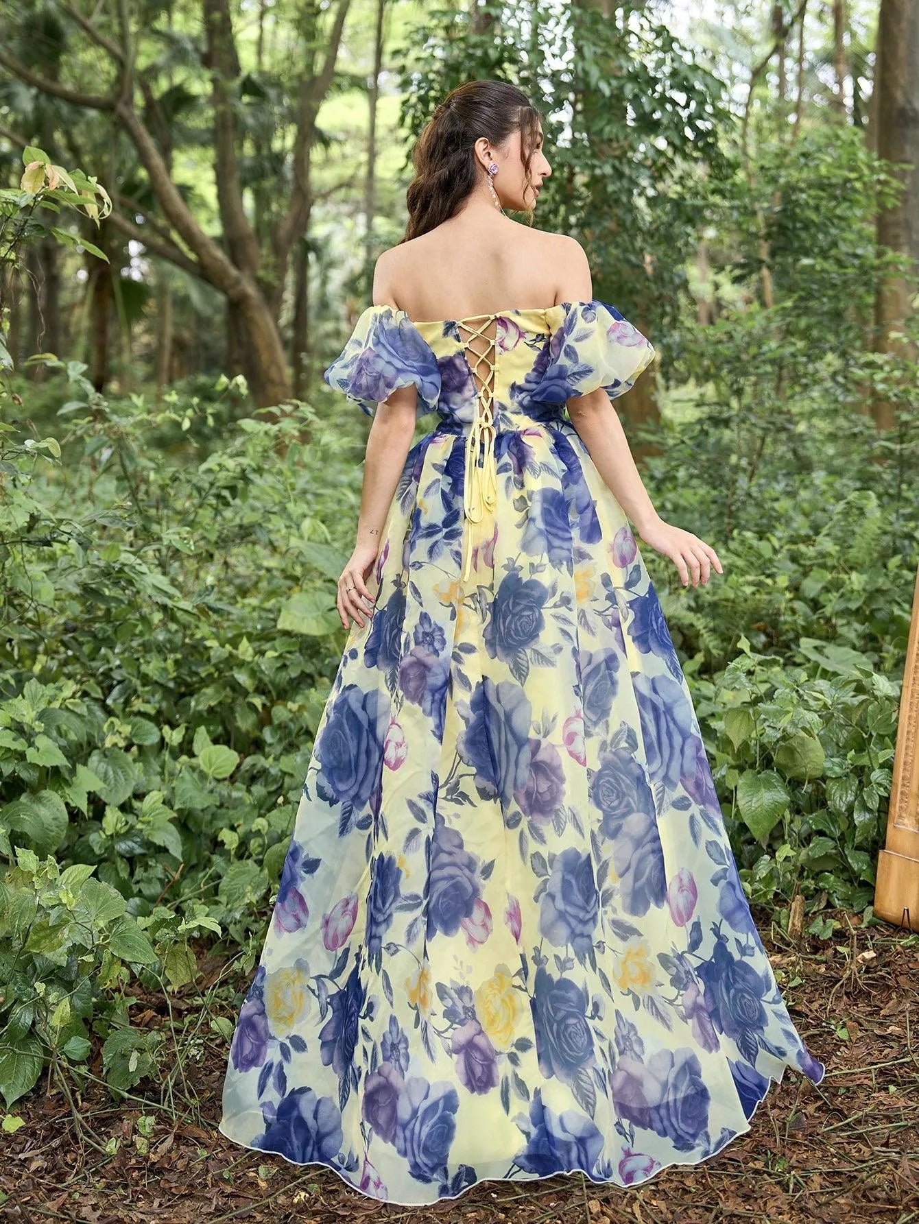 blue floral off the shoulder dress Elegant Floral Organza Off Shoulder Puff Sleeves Evening Dress – Faeriesty