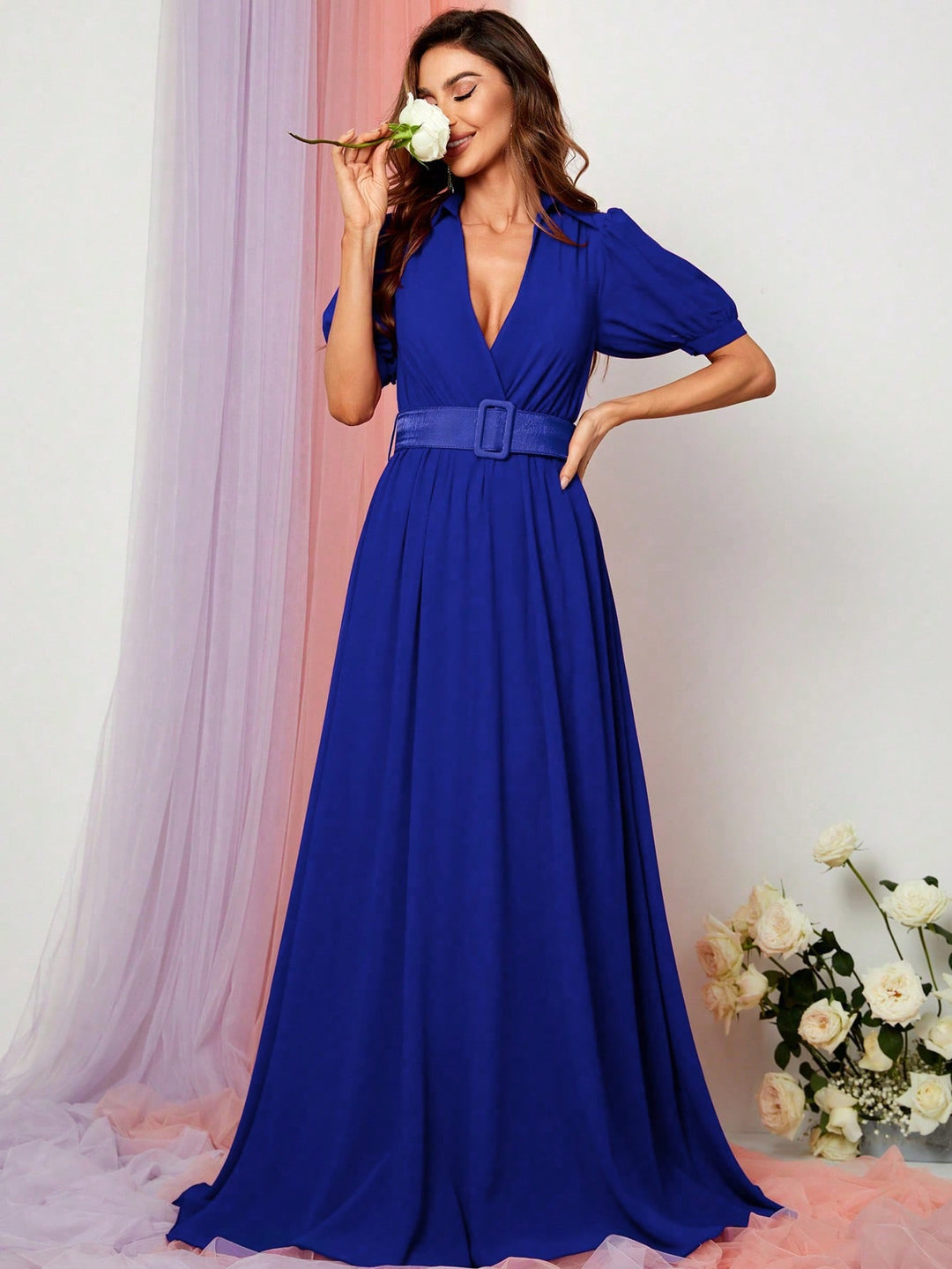 Deep V Neck Puff Sleeve Belted Maxi Dress Royal Blue / S Deep V Neck Puff Sleeve Belted Maxi Dress Royal Blue / S
