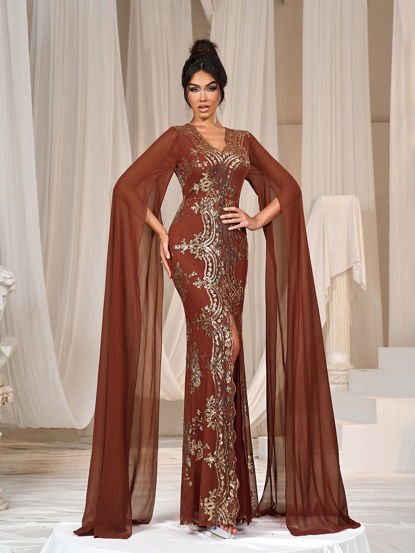 Gorgeous Sequin Embroidery Evening Gown - V-Neck Mermaid Dress with Cape Sleeves & High Slit