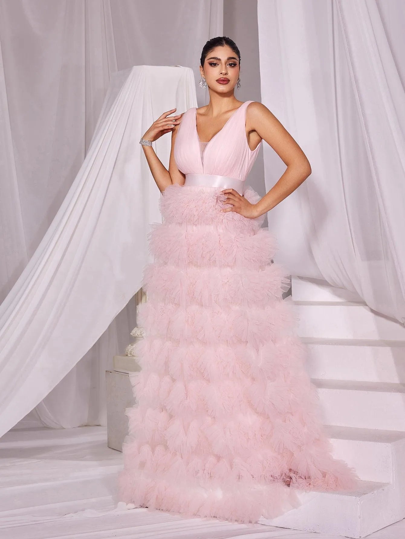 Plunging Neck Ruffle Layered Hem Cake Prom Dress Pink / Xs Plunging Neck Ruffle Layered Hem Cake Prom Dress Pink / Xs