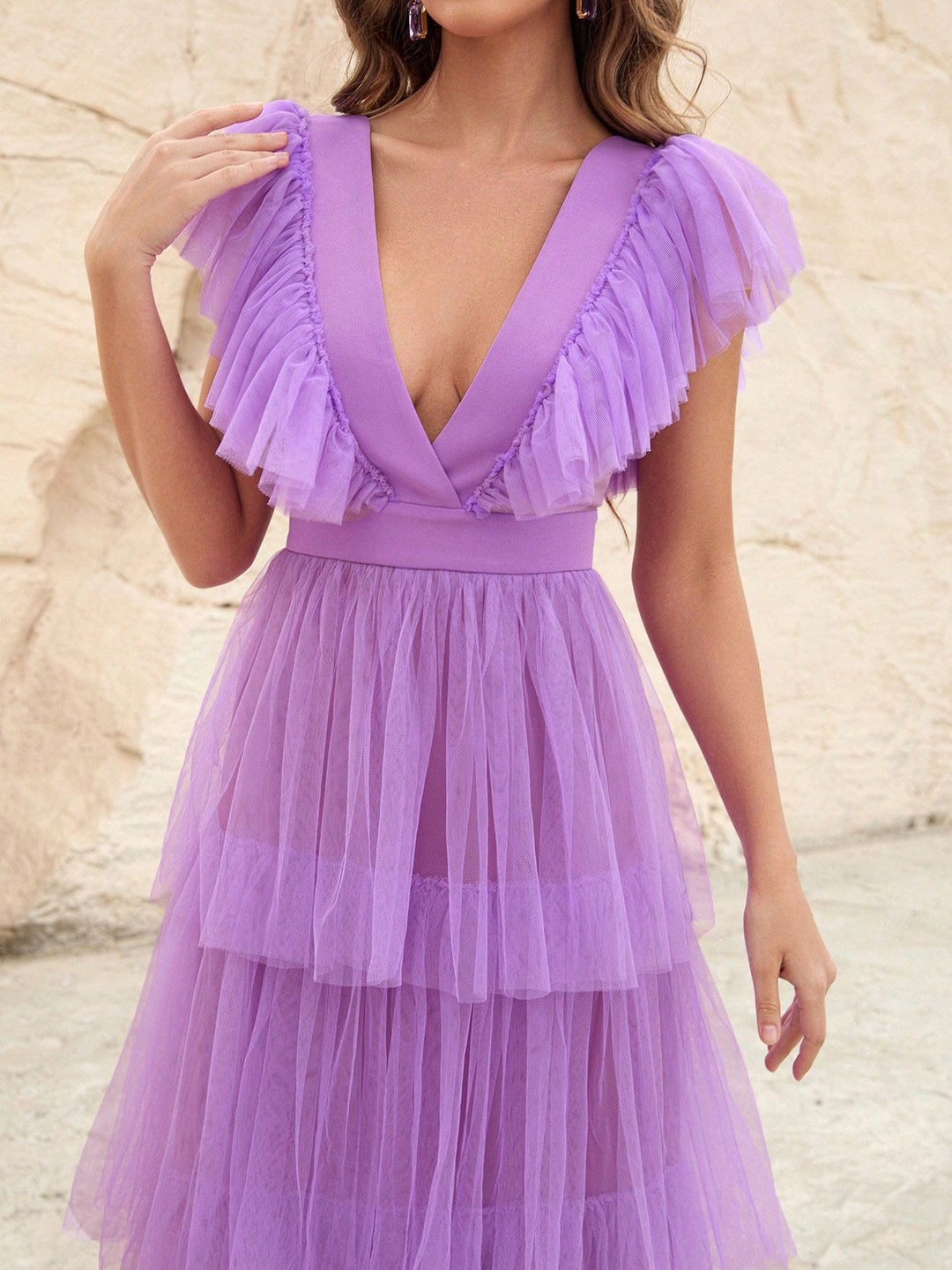 Plunging Neck Backless Ruffle Trim Mesh A Line Dress