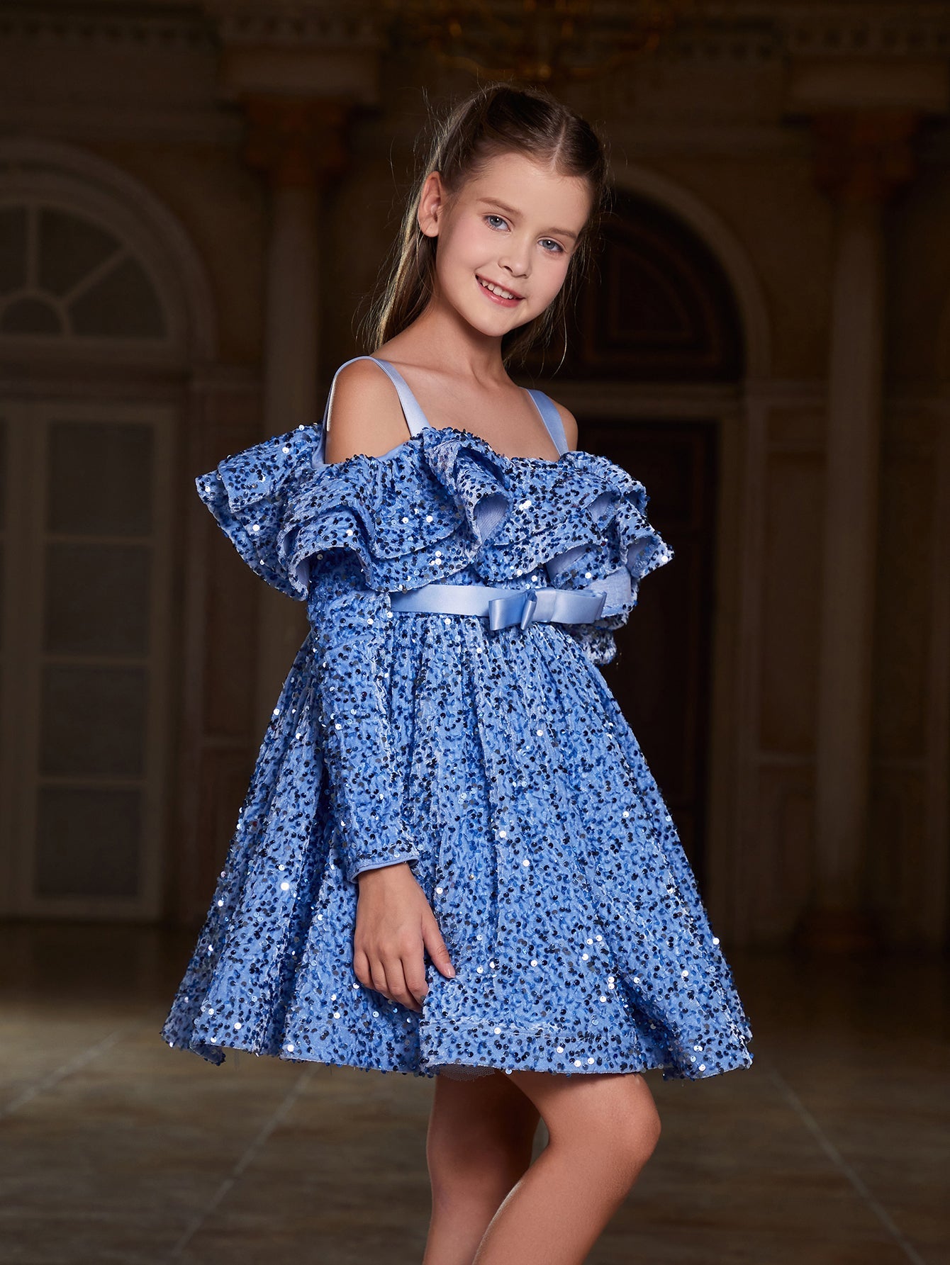 Girl's Off Shoulder Layered Ruffle Trim Sequin Party Dress
