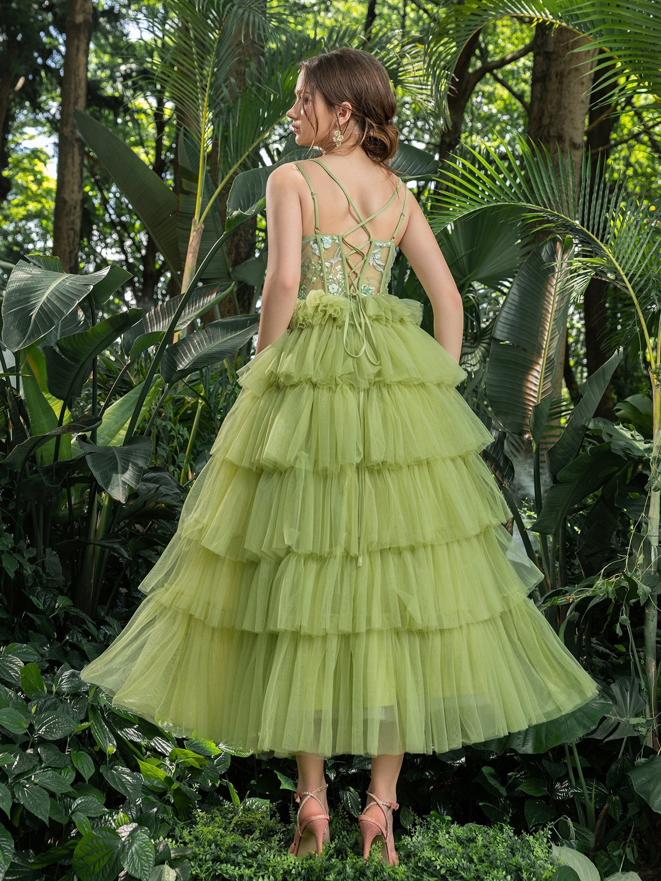Midi Elegant Tulle Party Dress with Floral Embroidery & Tiered Ruffle Green / L Midi Elegant Tulle Party Dress with Floral Embroidery & Tiered Ruffle Green / L