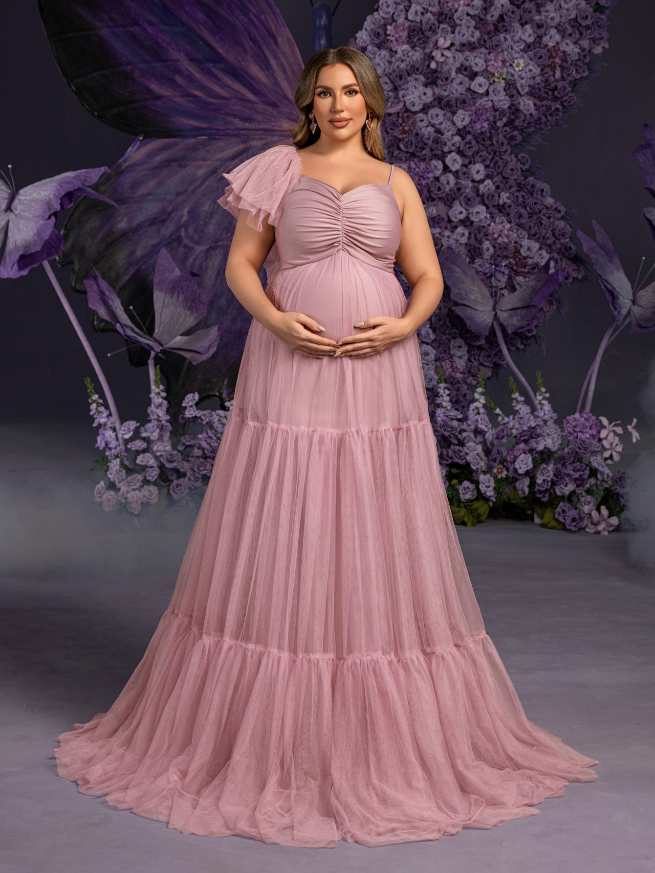 Plus Maternity Ruched Bust Layered Hem Mesh Ruffle Cami Dress