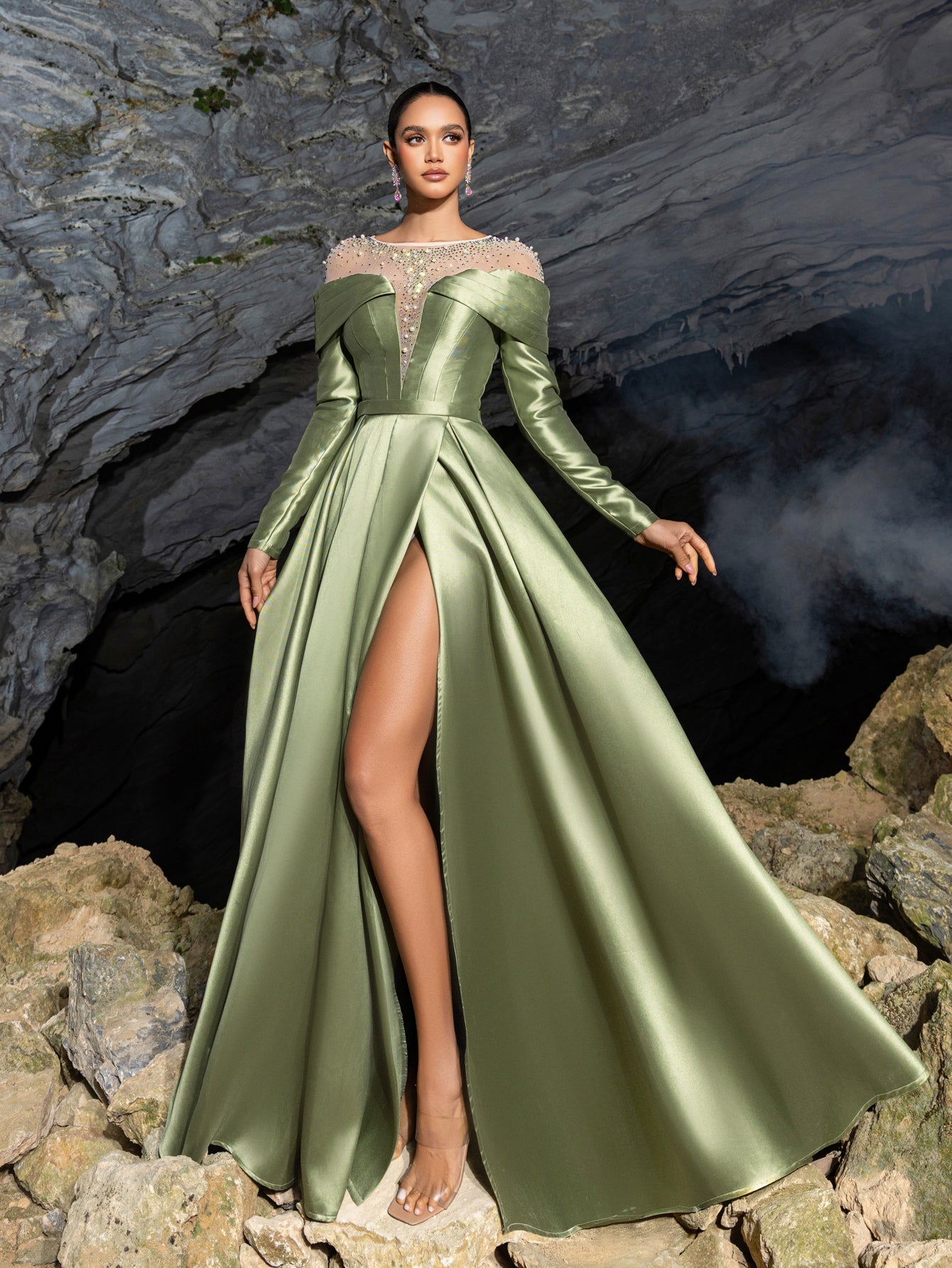 Luxury Beaded Evening Gown with Off-Shoulder Mesh Insert, High Slit Satin Dress for Red Carpet & Gala Events