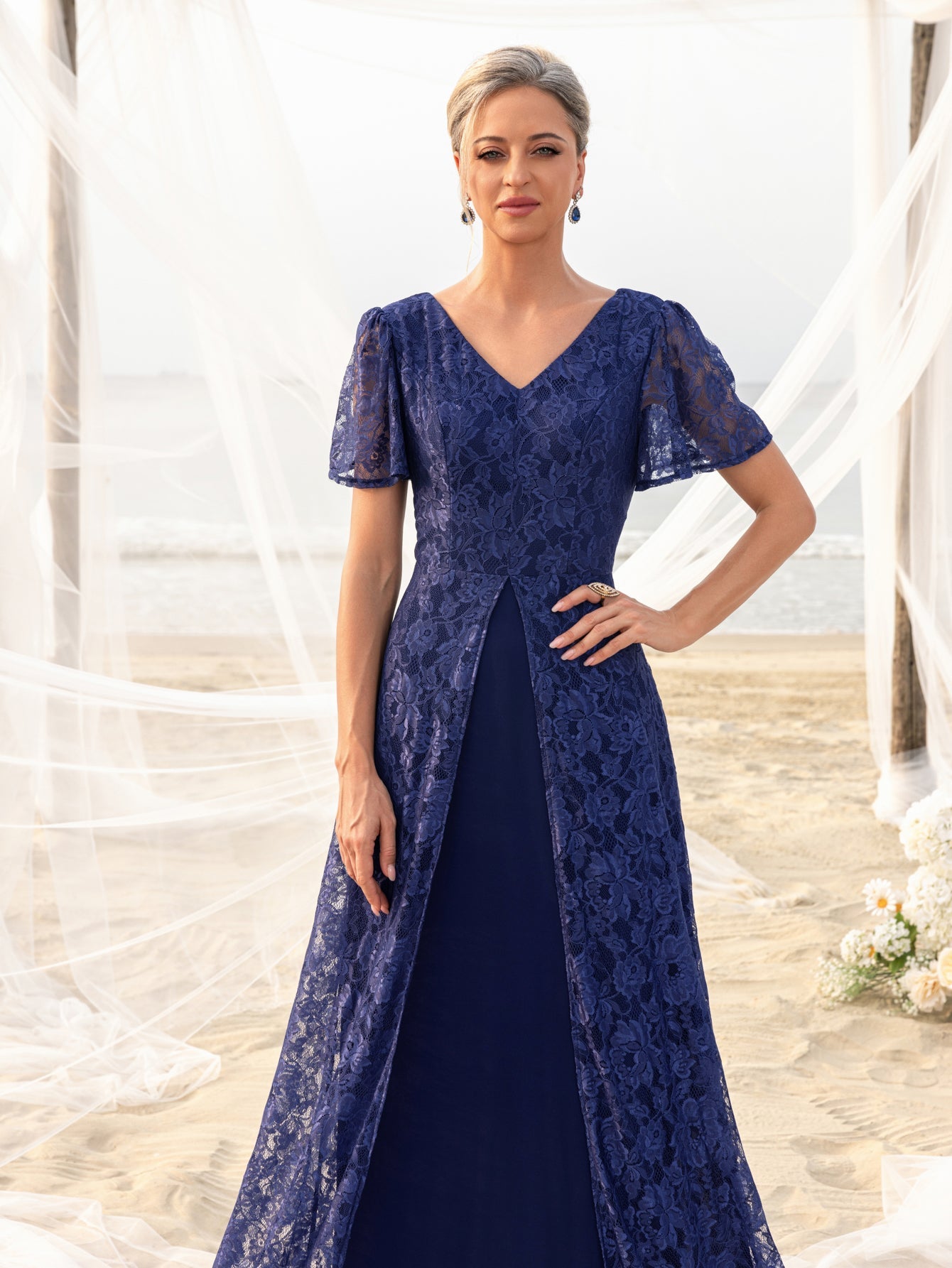 Womens' Elegant Lace Floor-Length Gown with V-Neck & Ruffle Sleeves – Elegant Floral Accents, Deep V-Back Design for Beach Weddings & Formal Evening Events