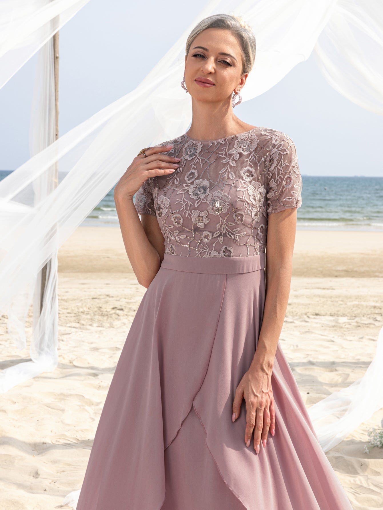 Womens' Elegant Mother-of-the-Bride Gown: Embroidered Sequin Bodice with Asymmetric Chiffon Skirt – Formal Dress for Beach Weddings & Evening Galas
