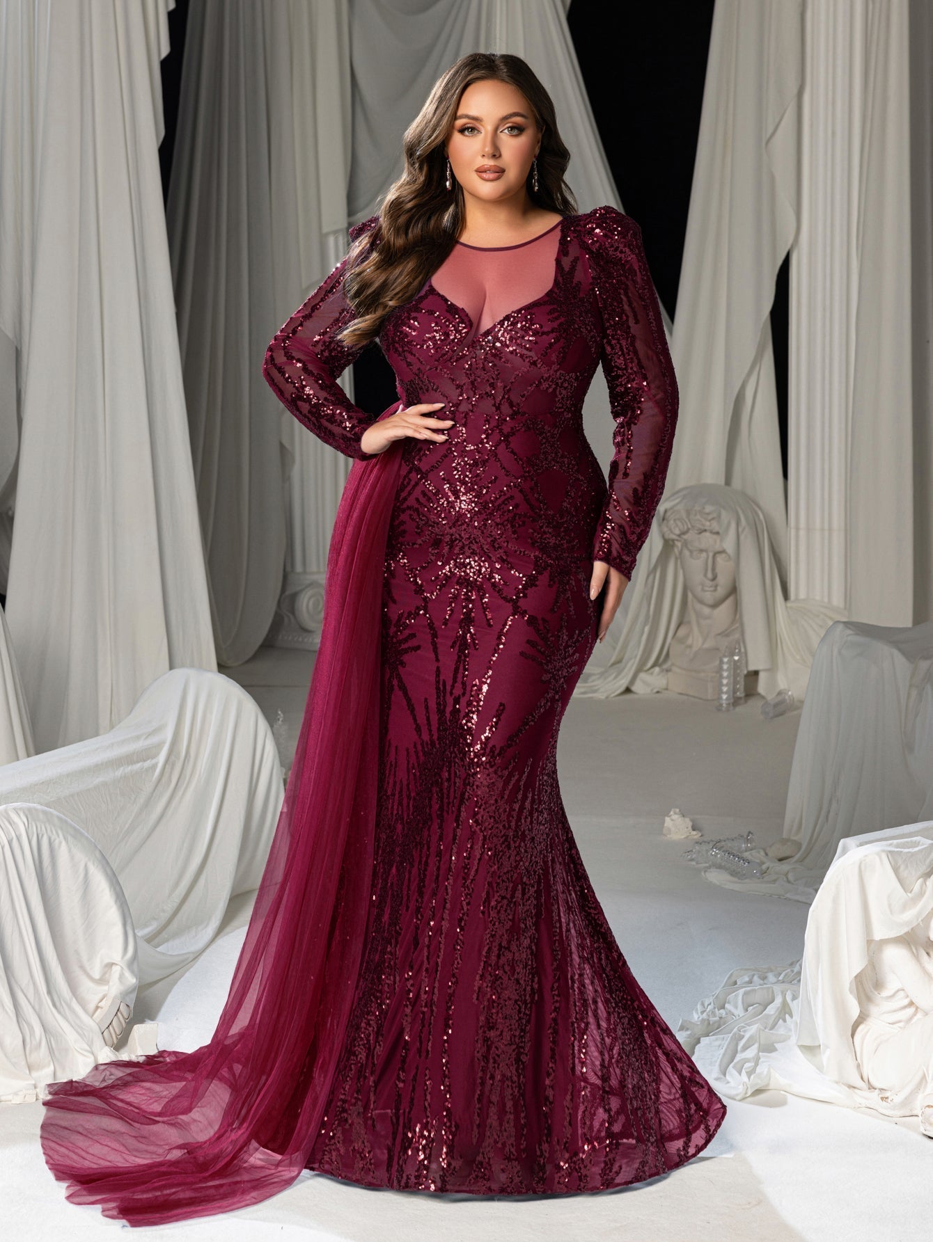 Gorgeous Graphic Sequin Sheer Overlay Mermaid Hem Evening Dress