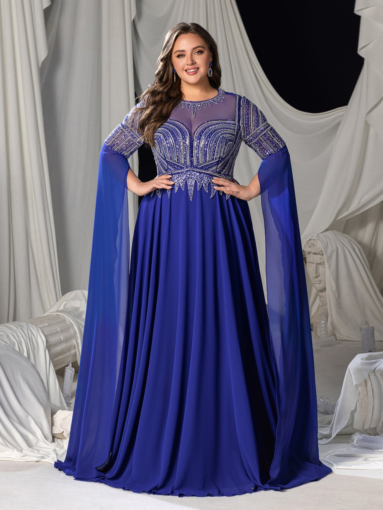 Plus Chiffon Evening Gown with Sequins, Beads & Geometric V-Details, Long Sleeve Cape & Full Flowing Skirt