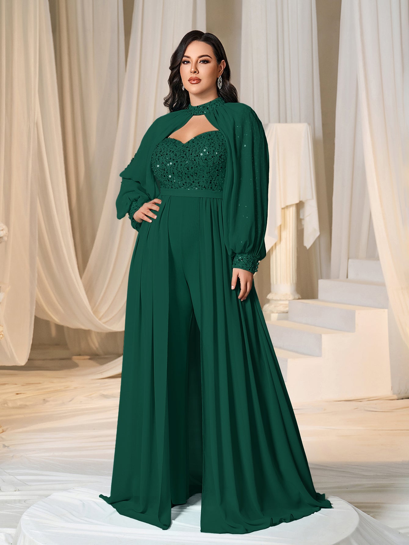 Plus Lantern Sleeves Chiffon Overlay Sequin Party Jumpsuit Royal Blue / 3XL Plus Lantern Sleeves Chiffon Overlay Sequin Party Jumpsuit Royal Blue / 3XL