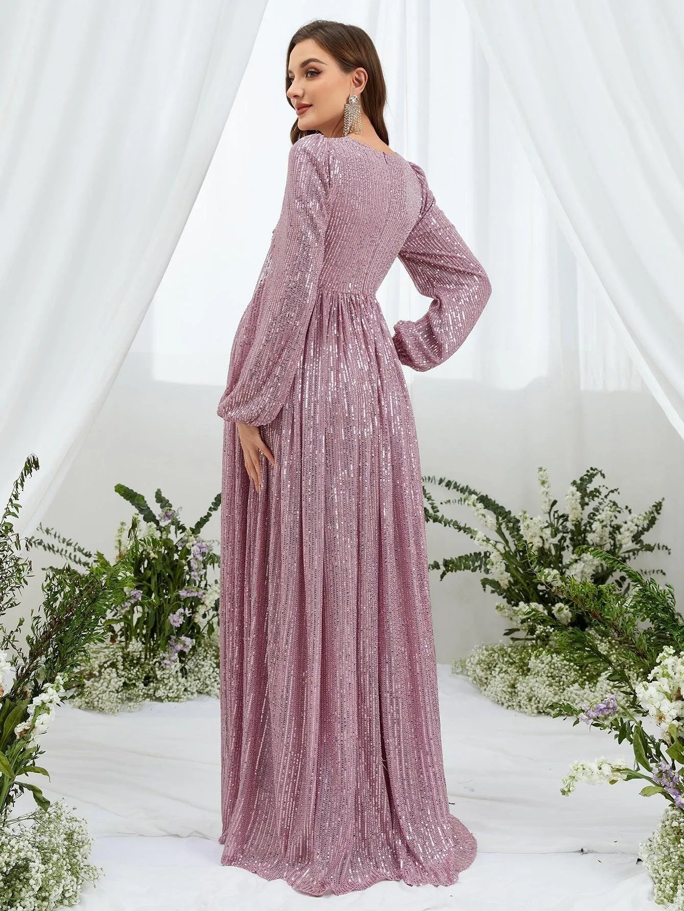ruched lantern sleeve dress Lantern Sleeve Pleated Dress Ruched Bodice Floor-Length Abaya Brown / S