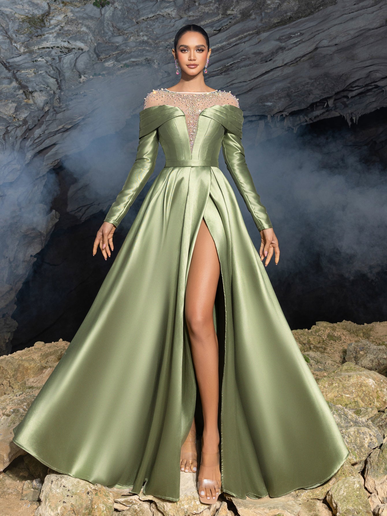 Luxury Beaded Evening Gown with Off-Shoulder Mesh Insert, High Slit Satin Dress for Red Carpet & Gala Events