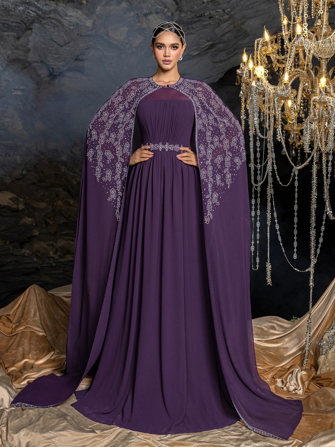 Rhinestone Cape Sleeves & A-Line Skirt with Cathedral Train