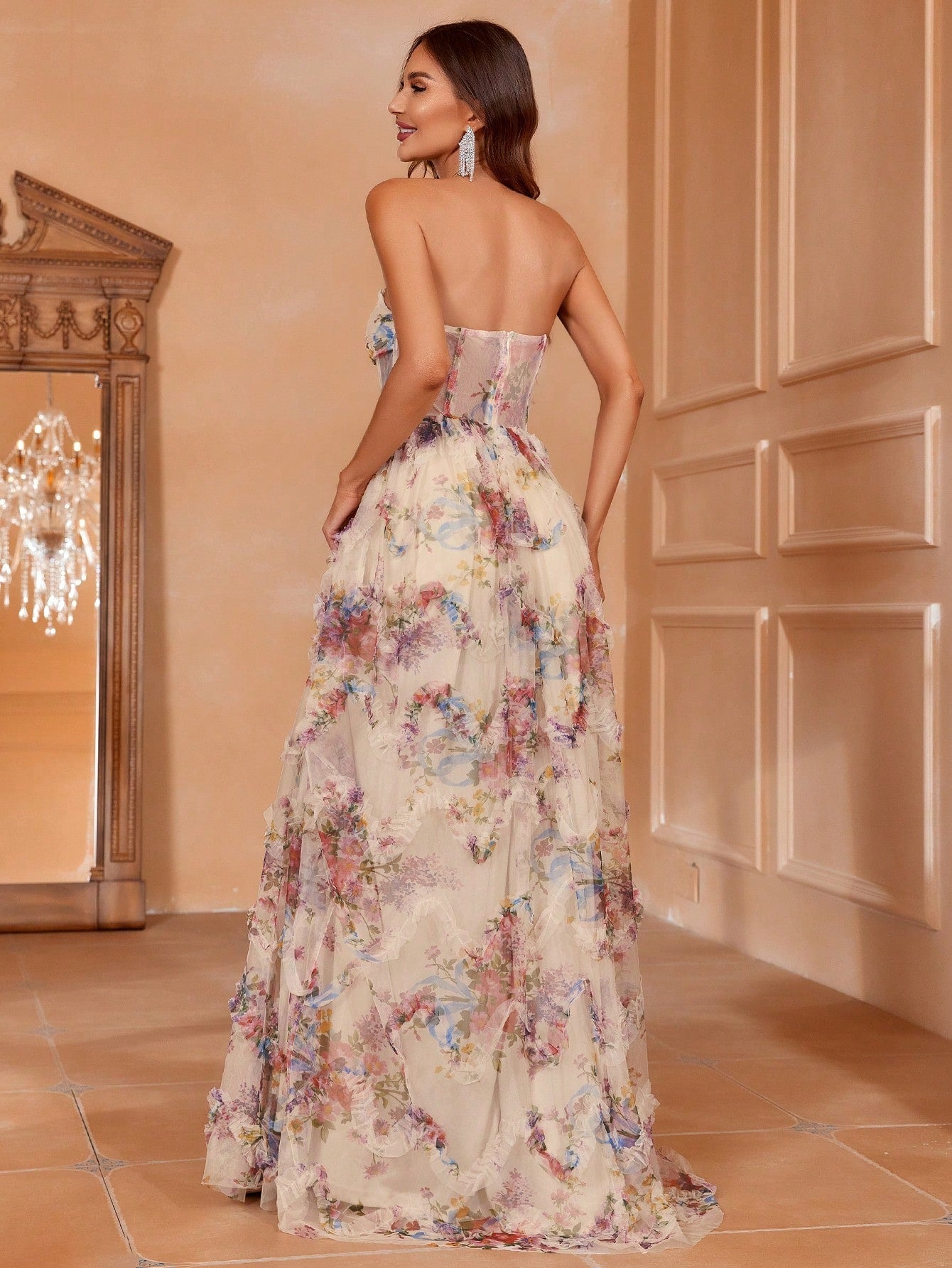 Ruched Bustier Ruffle Trim Hem Floral Print Tube Dress