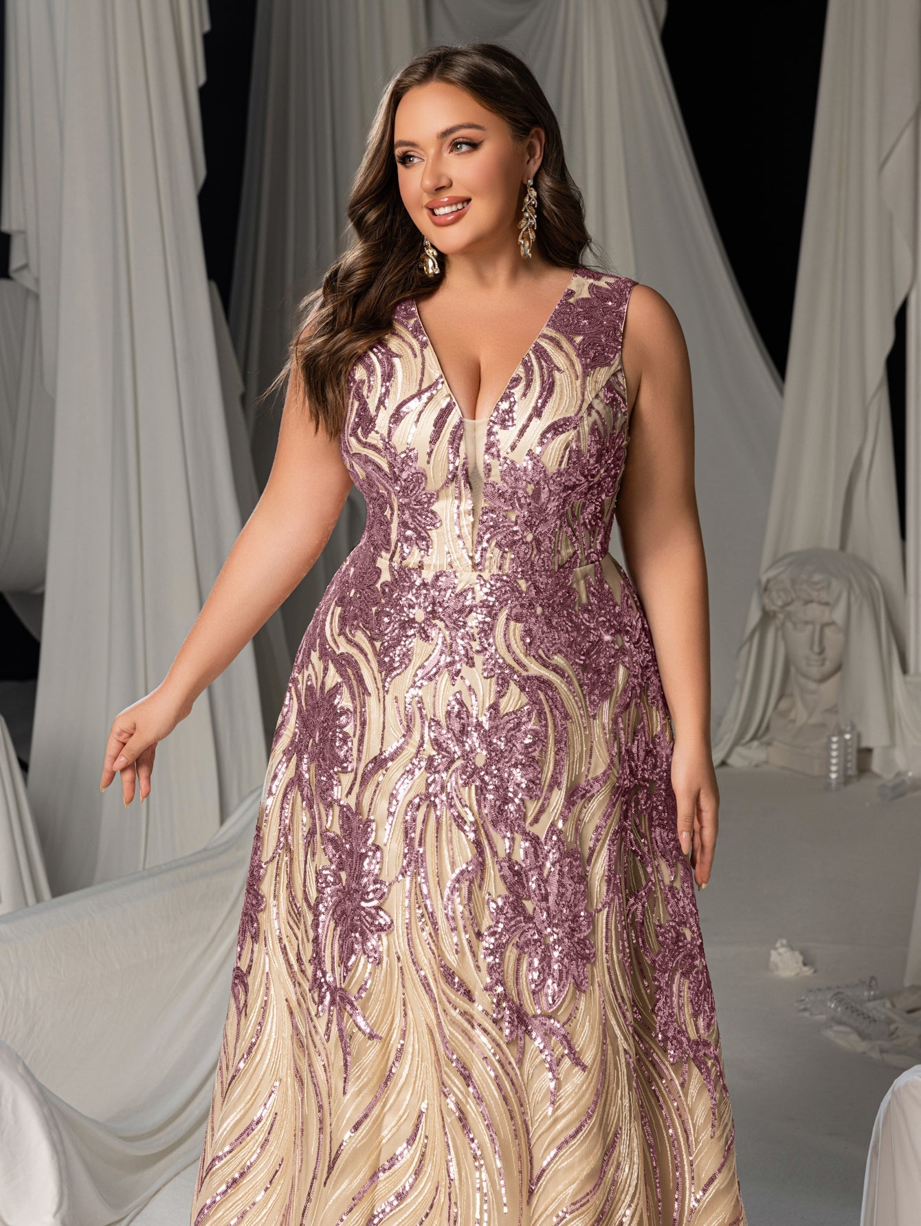 Plus Floral Sequin V Neck Sleeveless A-Line Formal Dress