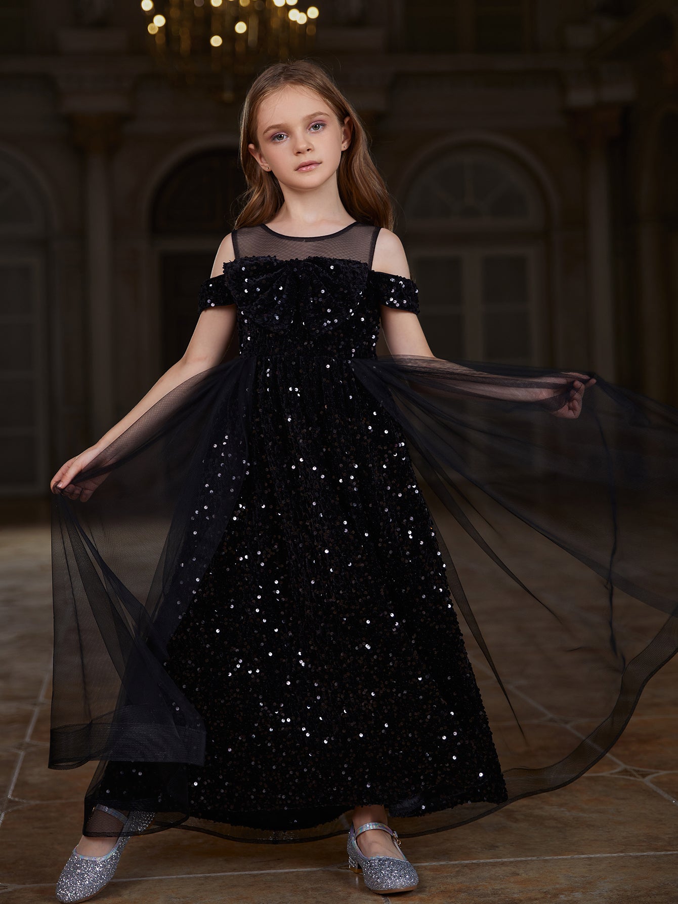 Girl's Cold Shoulder Mesh Overlay Sequin Party Dress Black / 9Y Girl's Cold Shoulder Mesh Overlay Sequin Party Dress Black / 9Y