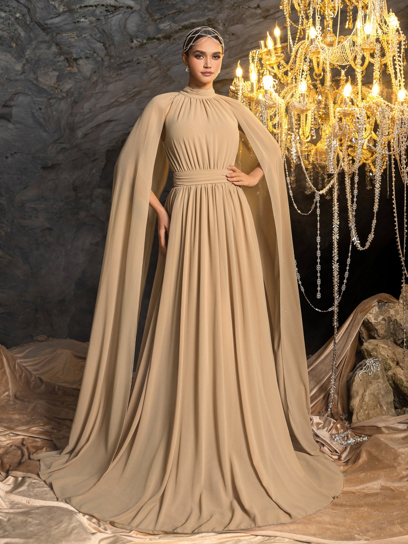 Elegant Mock Neck Cloak Sleeve Chiffon Formal Dress