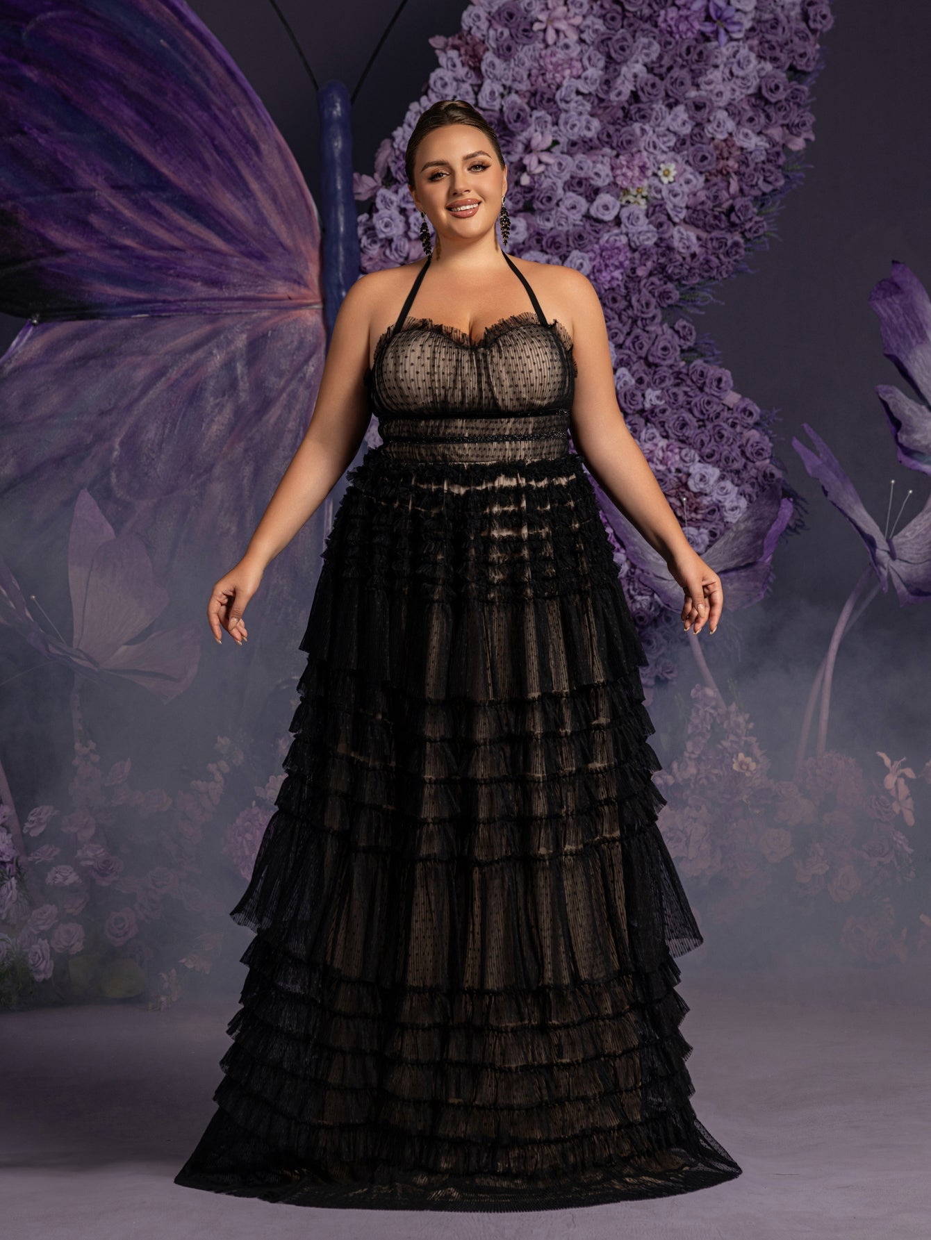 Plus Gorgeous Halter Neck Lace-up Back Cascading Ruffle Hem Tulle Wed Black / 2XL Plus Gorgeous Halter Neck Lace-up Back Cascading Ruffle Hem Tulle Wed Black / 2XL