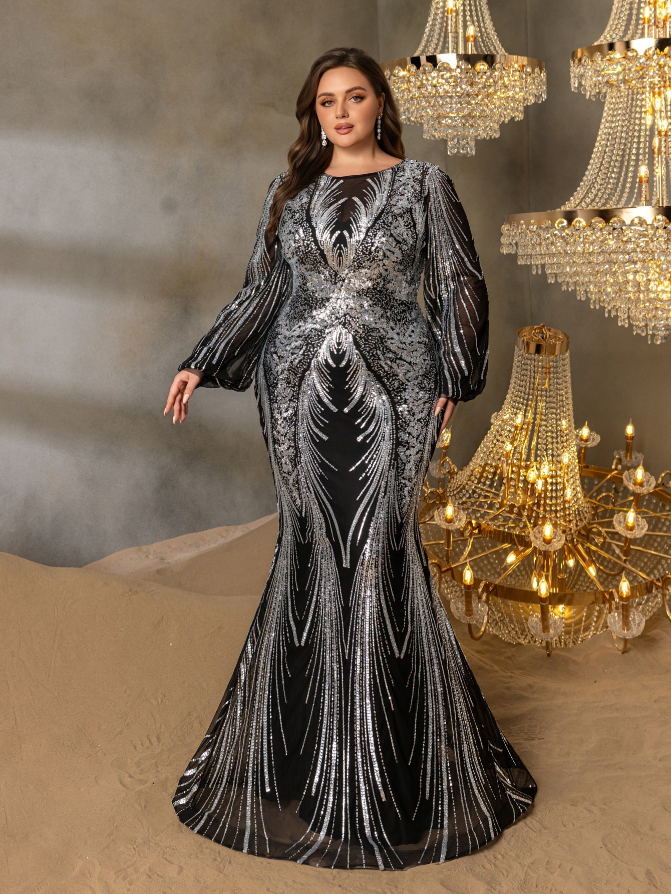 Plus Gorgeous Lantern Sleeves Mermaid Hem Graphic Sequin Evening Dress