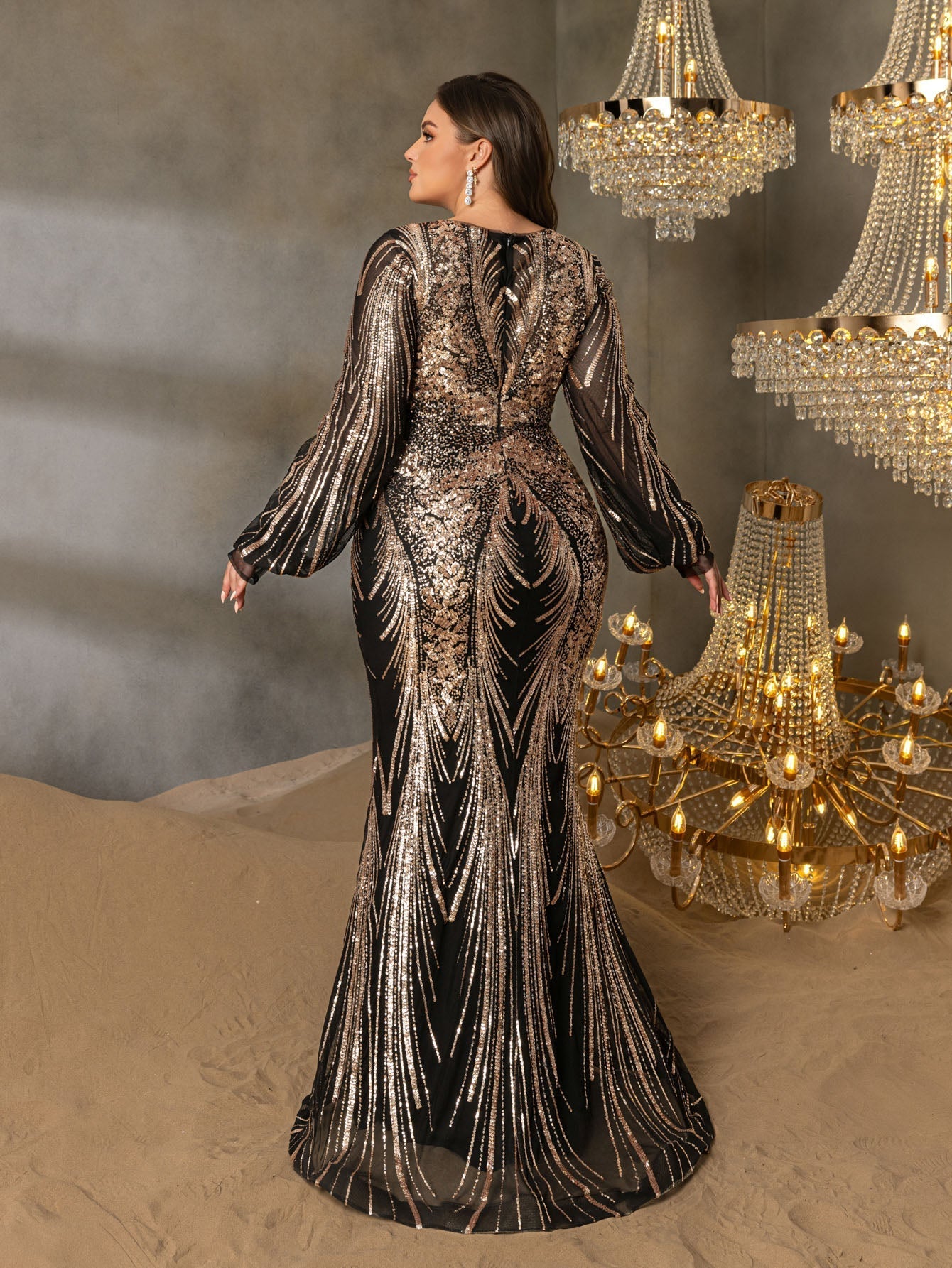 Plus Gorgeous Lantern Sleeves Mermaid Hem Graphic Sequin Evening Dress