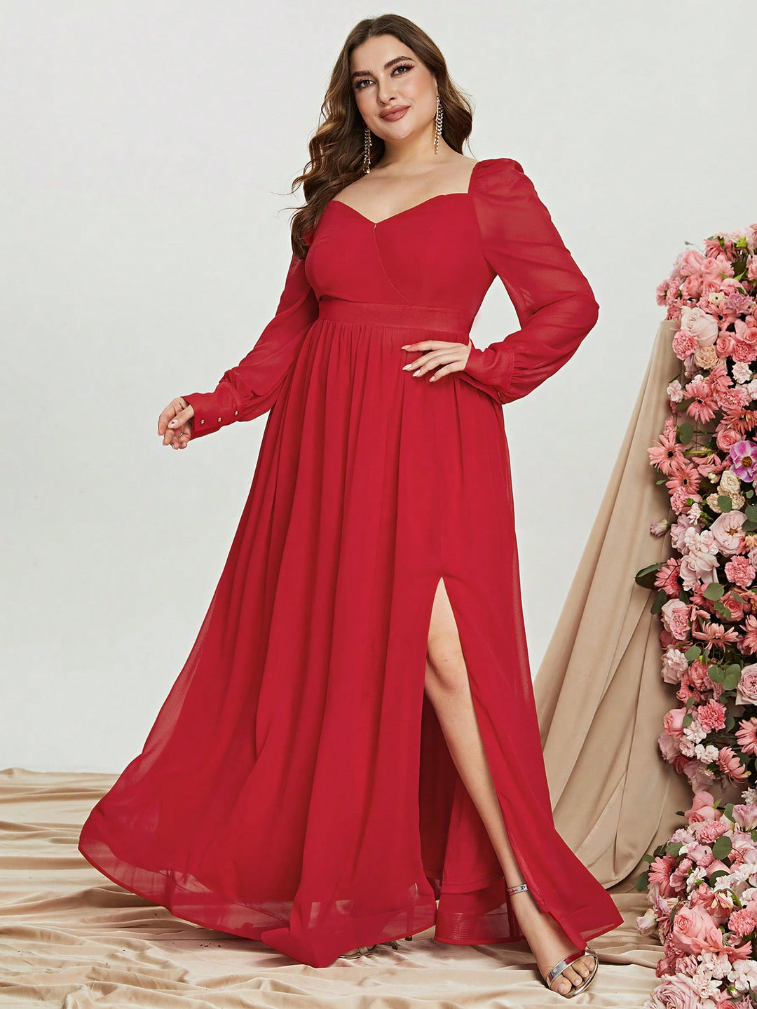 Plus Size Sweetheart Backless Long Sleeve Chiffon A line Dresses Red / 3XL Plus Size Sweetheart Backless Long Sleeve Chiffon A line Dresses Red / 3XL