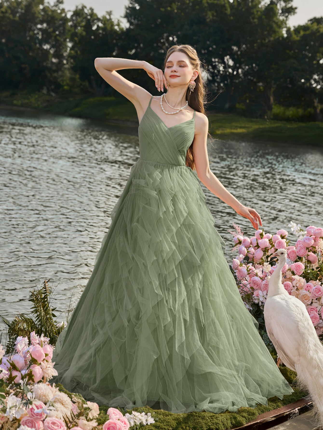 Elegant V Neck Mesh Overlay Cami Wedding Dress