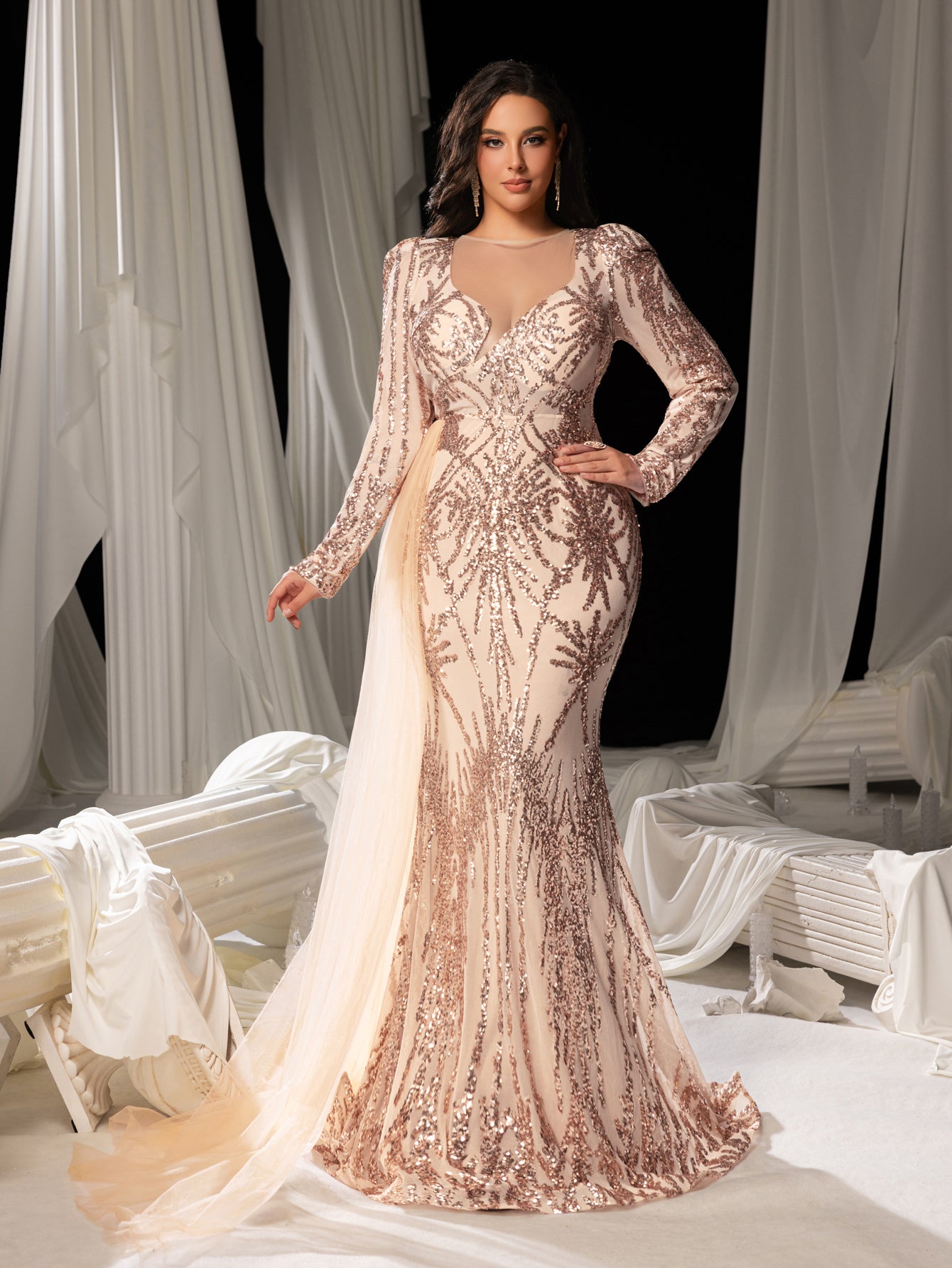 Gorgeous Graphic Sequin Sheer Overlay Mermaid Hem Evening Dress