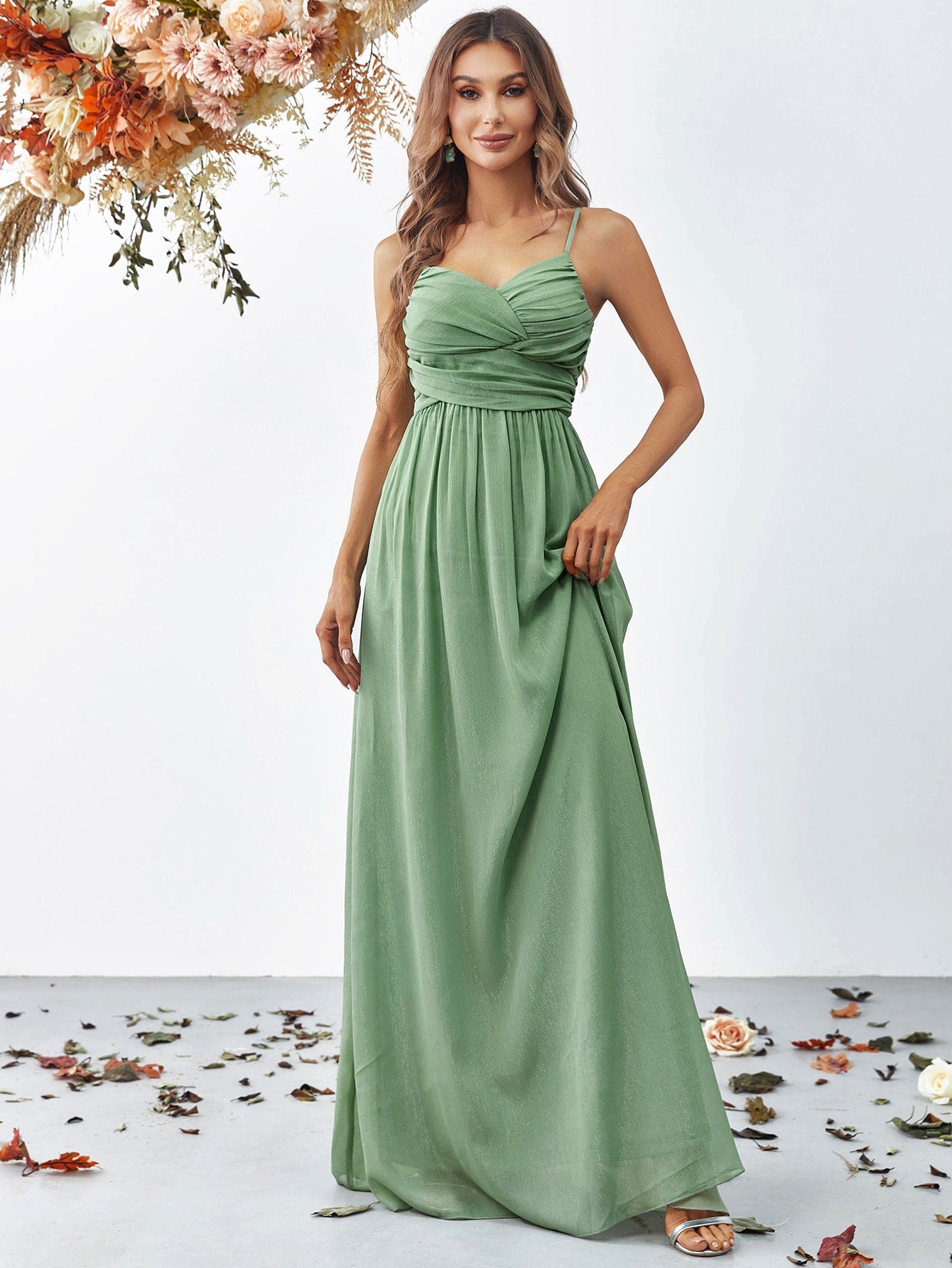 Solid Ruched Front Floor Length Cami Dresses