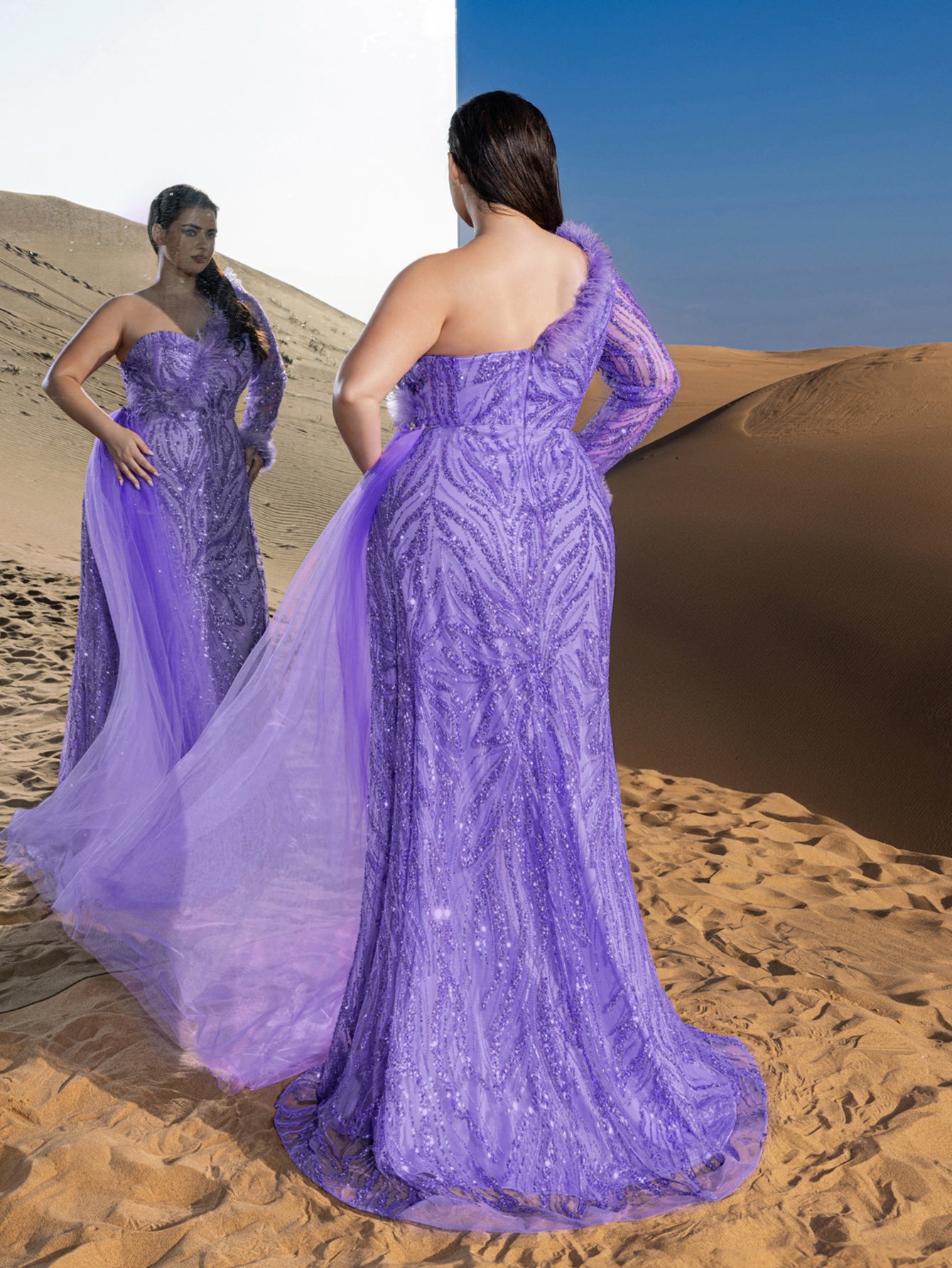 Plus Gorgeous Feather Trim One Shoulder Split Mermaid Hem Beaded Form Purple / 5XL Plus Gorgeous Feather Trim One Shoulder Split Mermaid Hem Beaded Form Purple / 5XL