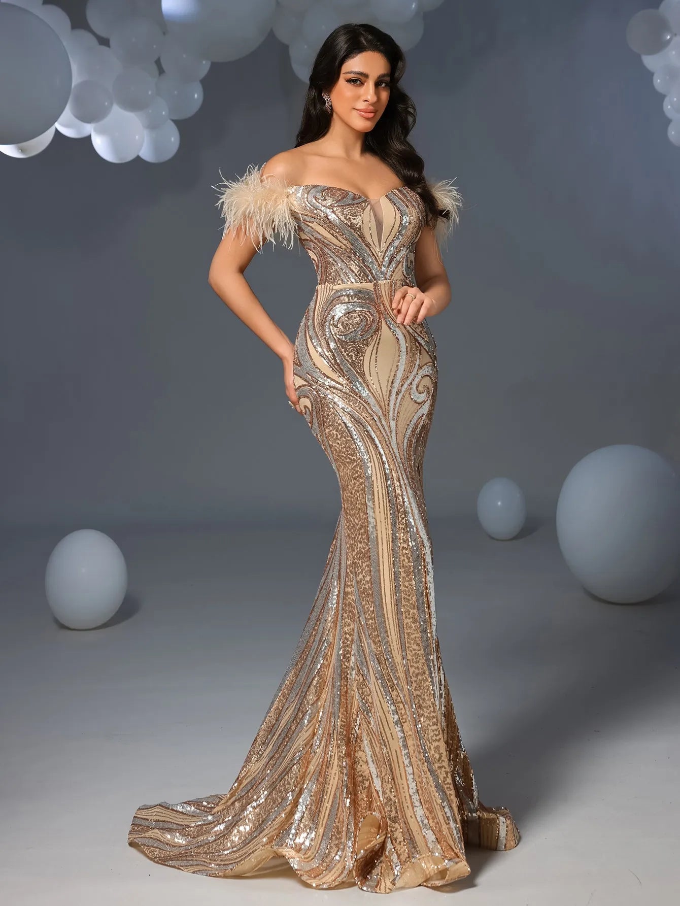 Luxury Feather Decoration Off Shoulder Mermaid Hem Graphic Sequin Eve, Champagne / Xs Luxury Feather Decoration Off Shoulder Mermaid Hem Graphic Sequin Eve, Champagne / Xs