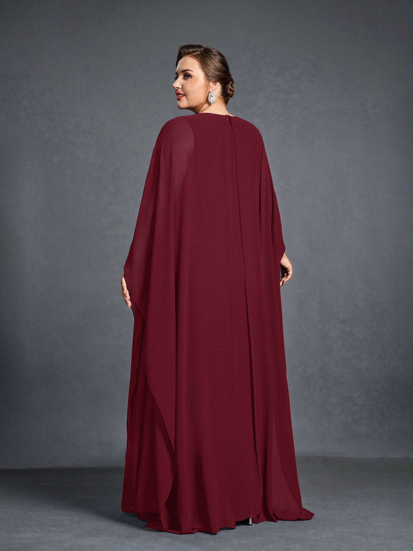 Plus Womens' Embellished Round -Neck Formal Dress with Sheer Chiffon Cape Sleeves