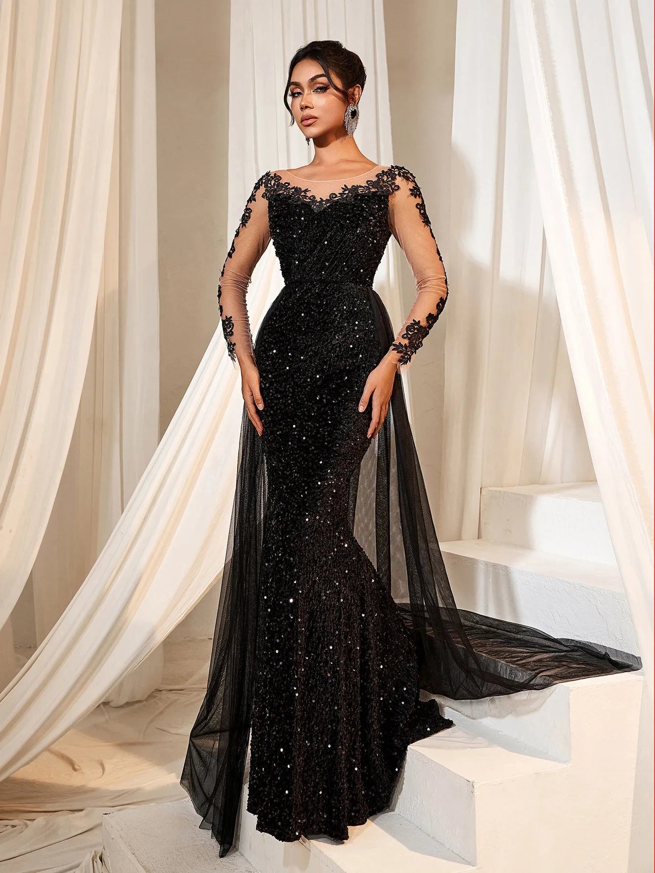 Elegant Sheer Sleeves Mesh Train Sequin Evening Dress Black / XL