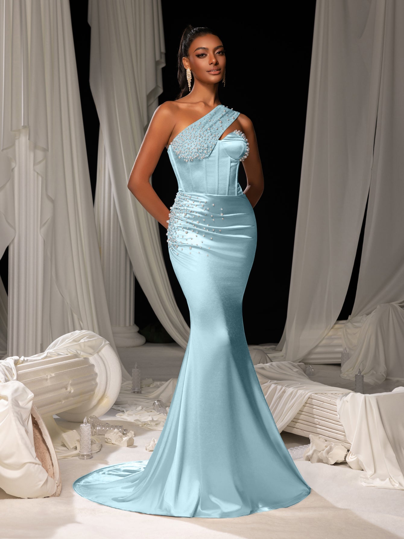 Elegant One Shoulder Mermaid Hem Satin Evening Dress with Pearl Accents