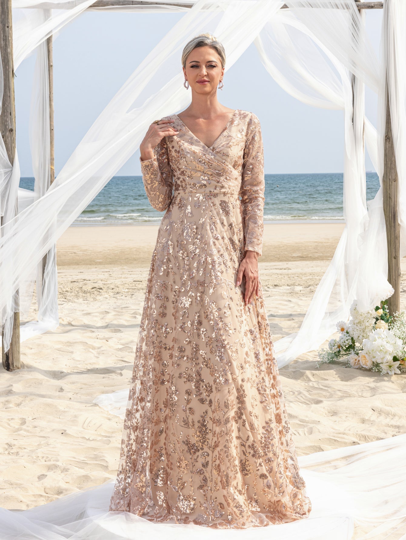 Womens' Elegant V-Neck Evening Gown with Delicate Lace & Silver Embroidery – Long Flowing Skirt for Seaside Weddings & Romantic Beach Events